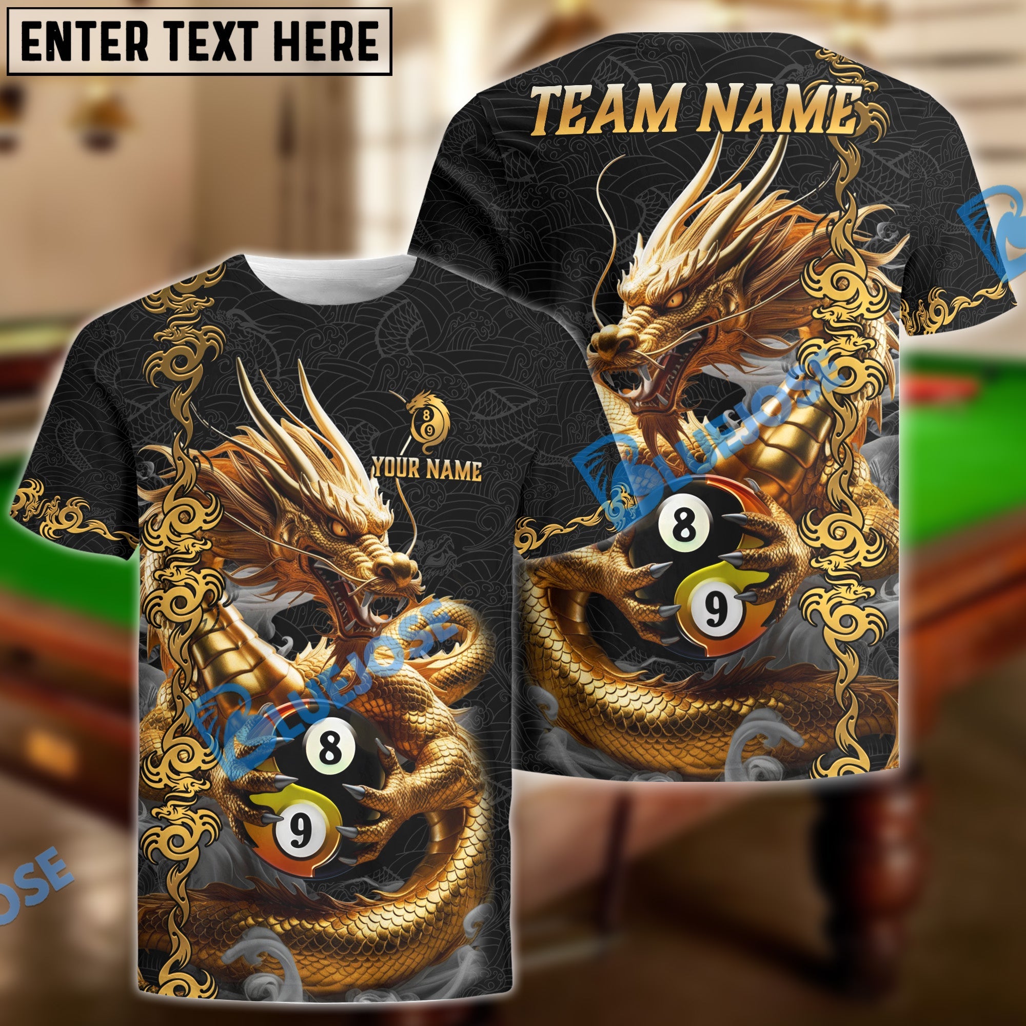 BlueJose Billiards 8 Ball 9 Ball Golden Dragon Yin And Yang Personalized Name Shirt (4 Colors)