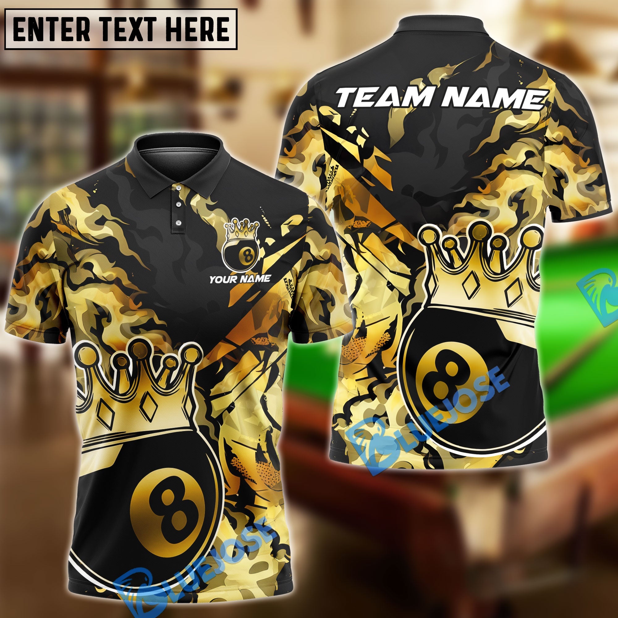 BlueJose Billiards Ball 8 King Crown Golden Pattern Personalized Name & Team Name Shirt (4 Colors)