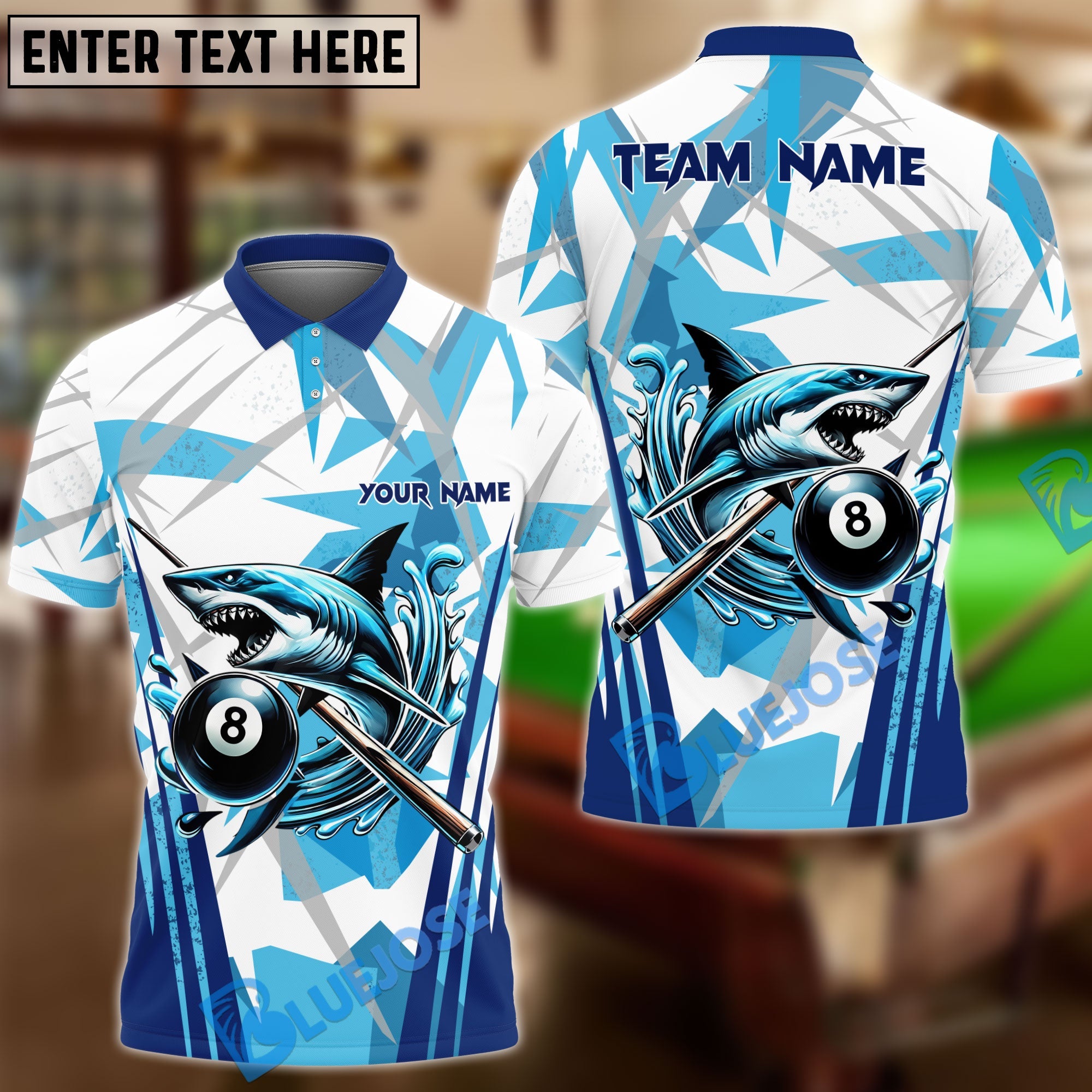 BlueJose Billiards Shark 8 Ball Line Pattern Personalized Name, Team Name Unisex Shirt ( 4 Colors )
