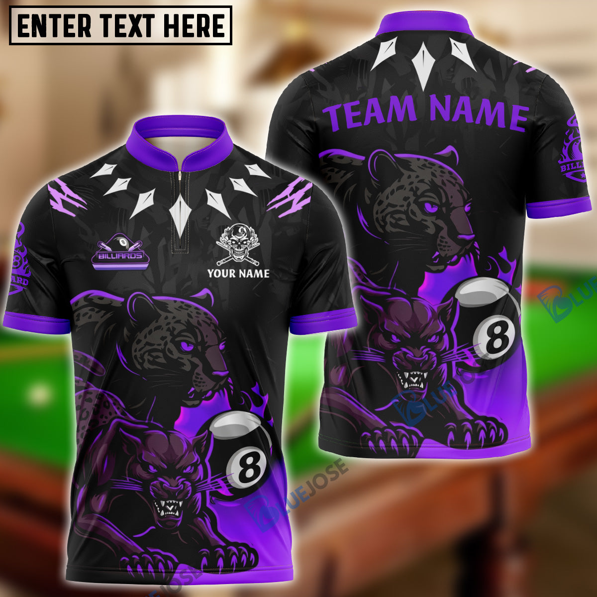 BlueJose Billiards 8-Ball Panther Design Personalized Name Shirt (4 Colors)