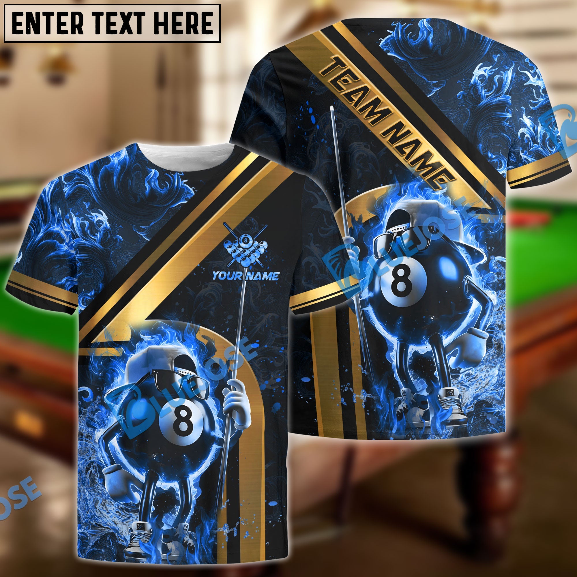 BlueJose Billiards Cool 8 Ball Cartoon Fire Flames Golden Line Style Personalized Name, Team Name Unisex Shirt (4 Colors)