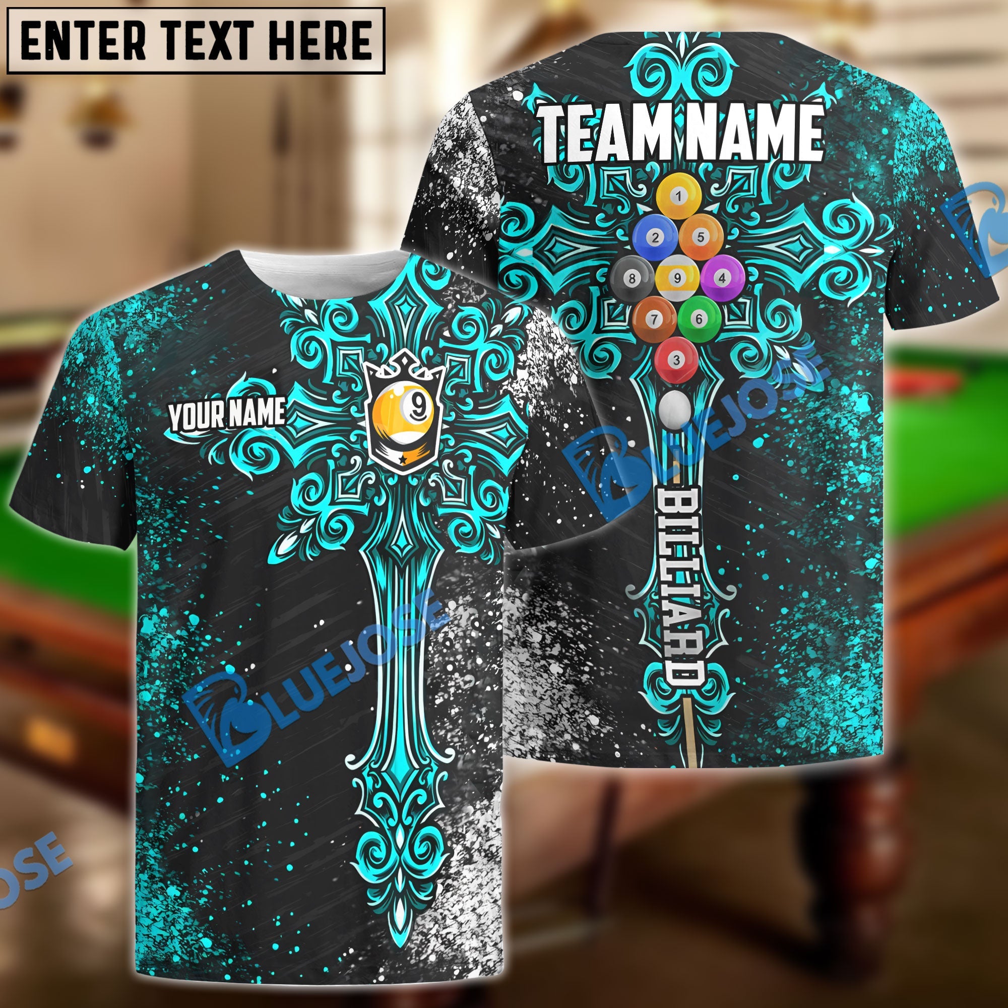 BlueJose Billiards Ball 9 Cross Personalized Name, Team Name Unisex Shirt (4 Colors)
