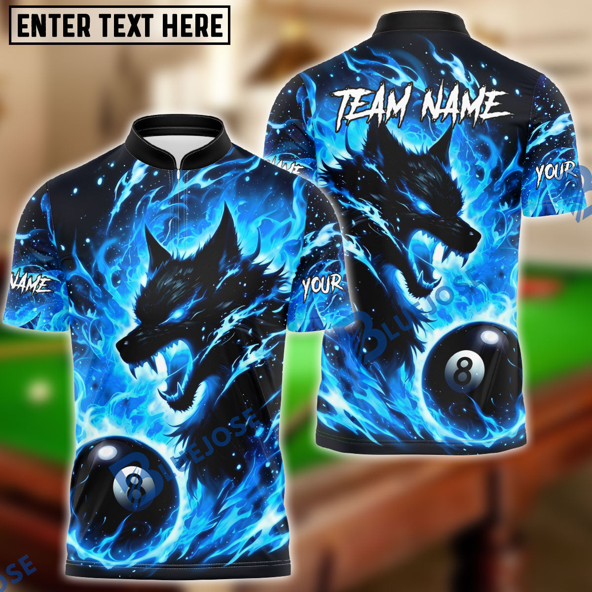 BlueJose Billiards 8-Ball Fire Wolf Flame Art Design Personalized Name, Team Name Unisex Shirt (4 Colors)
