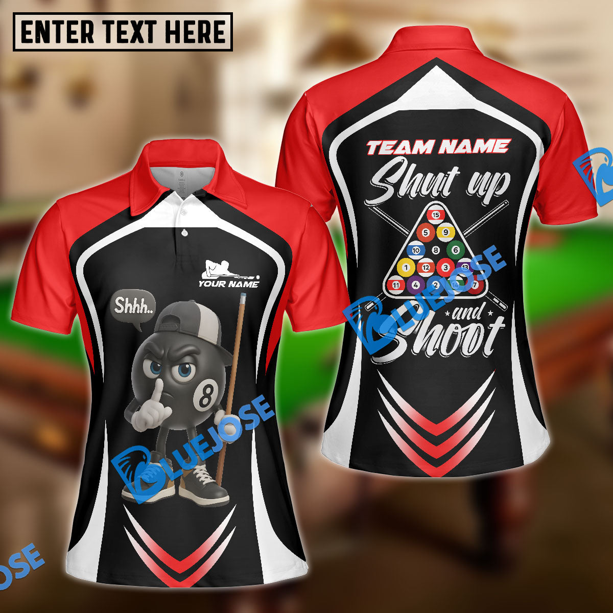 BlueJose Billiards 8-Ball Pool Shut Up and Shoot Ver Triangle Rack Personalized Name, Team Name Unisex Shirt (4 Colors)