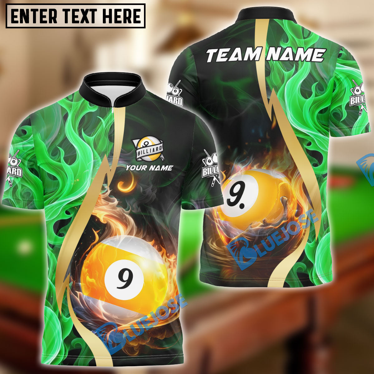 BlueJose Billiards Ball 9 Fiery Golden Flame Personalized Name, Team Name Unisex Shirt (4 Colors)