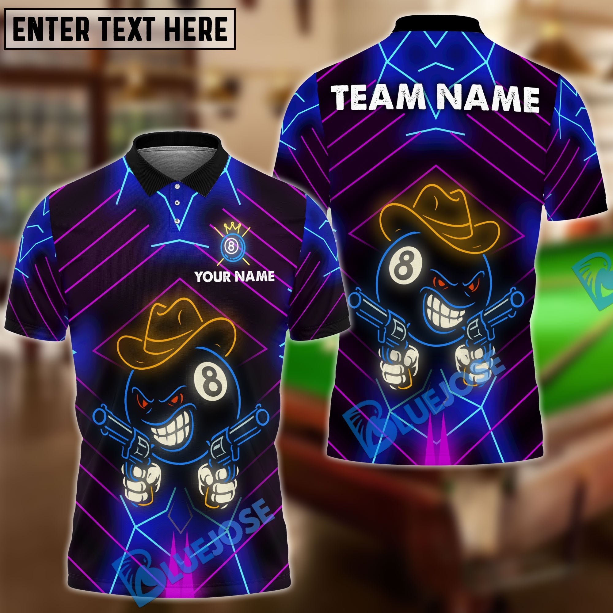 BlueJose Billiards Neon Cowboy 8-Ball Gunslinger Personalized Name Shirt (4 Colors)