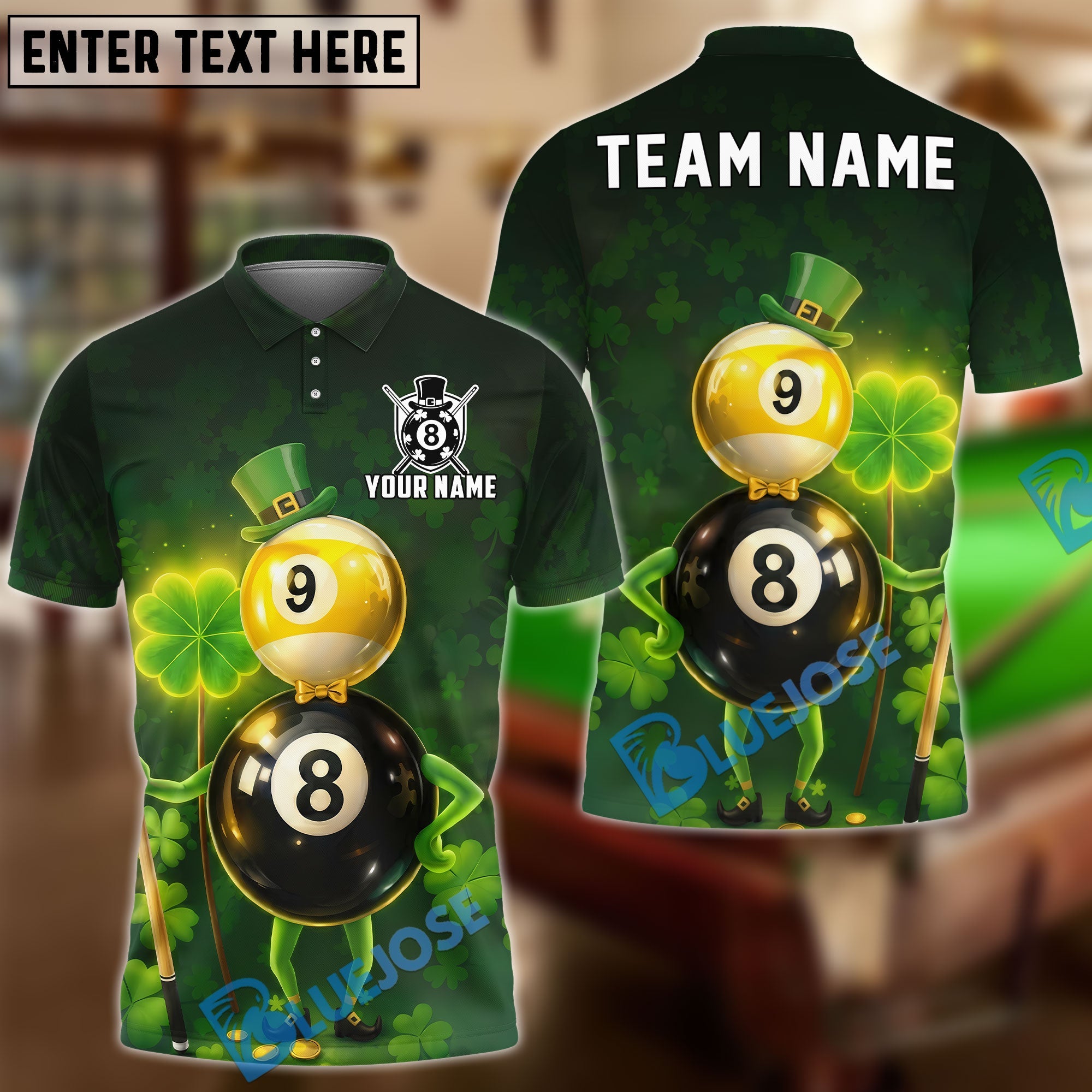 BlueJose Billiards Irish St Patrick Lucky Clover 8 Ball 9 Ball Personalized Shirt