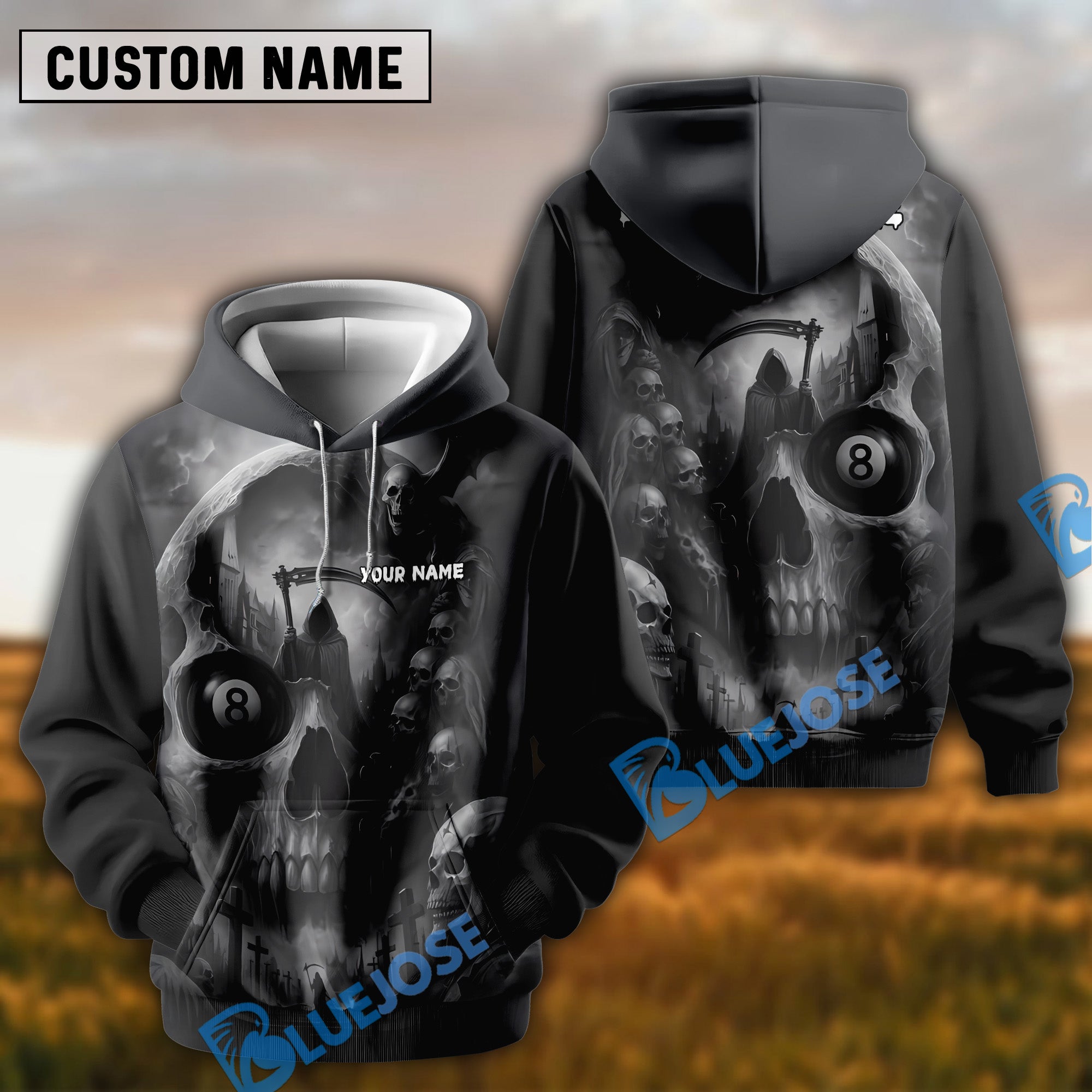 BlueJose Billiards 8-Ball Grim Reaper Skull Cemetery Personalized Name, Team Name Unisex Shirt