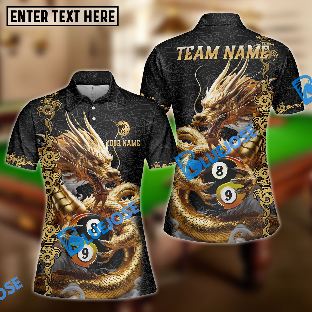 BlueJose Billiards 8 Ball 9 Ball Golden Dragon Yin And Yang Personalized Name Shirt (4 Colors)