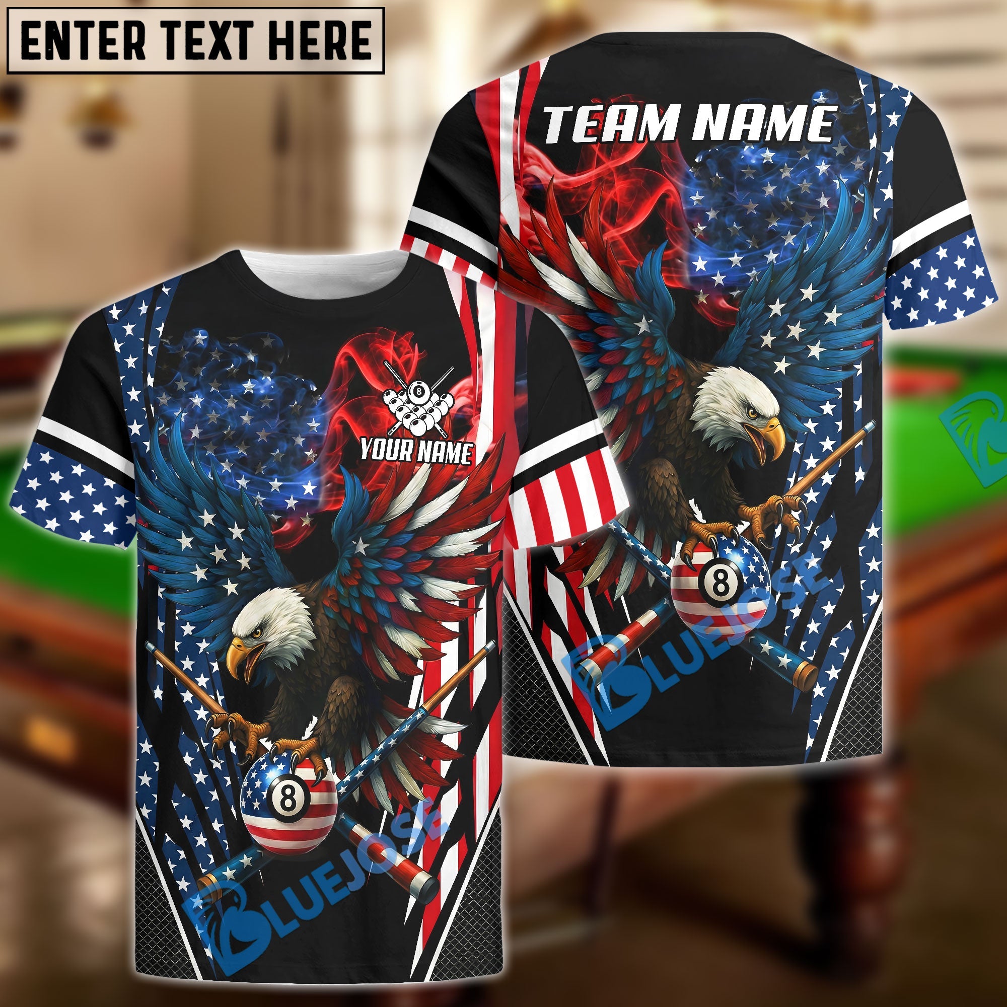 BlueJose Billiards Ball 8 American Flag Eagle Smoke Pattern Customized Name, Team Name 3D Shirt