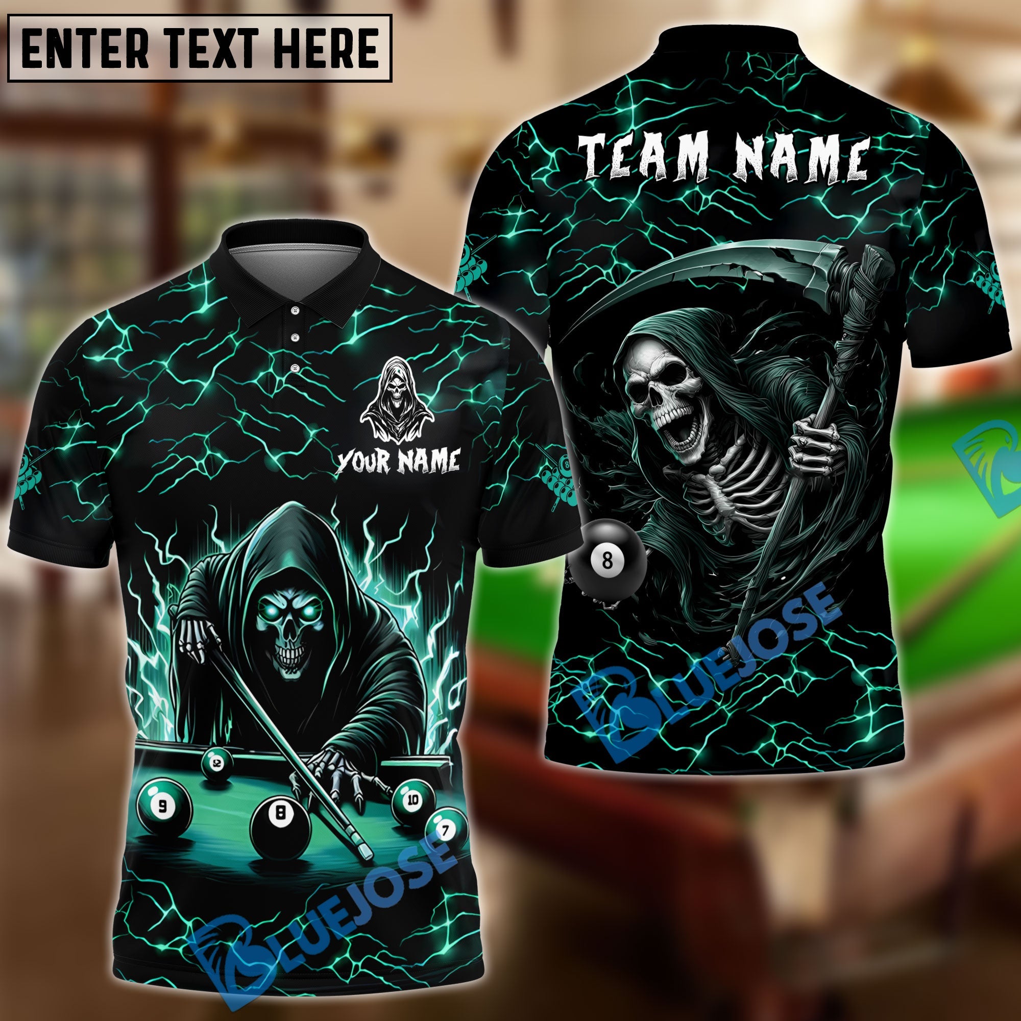 BlueJose Billiards Ball 8 Thunder Reaper Personalized Name Team Name Unisex Shirt (4 Colors)