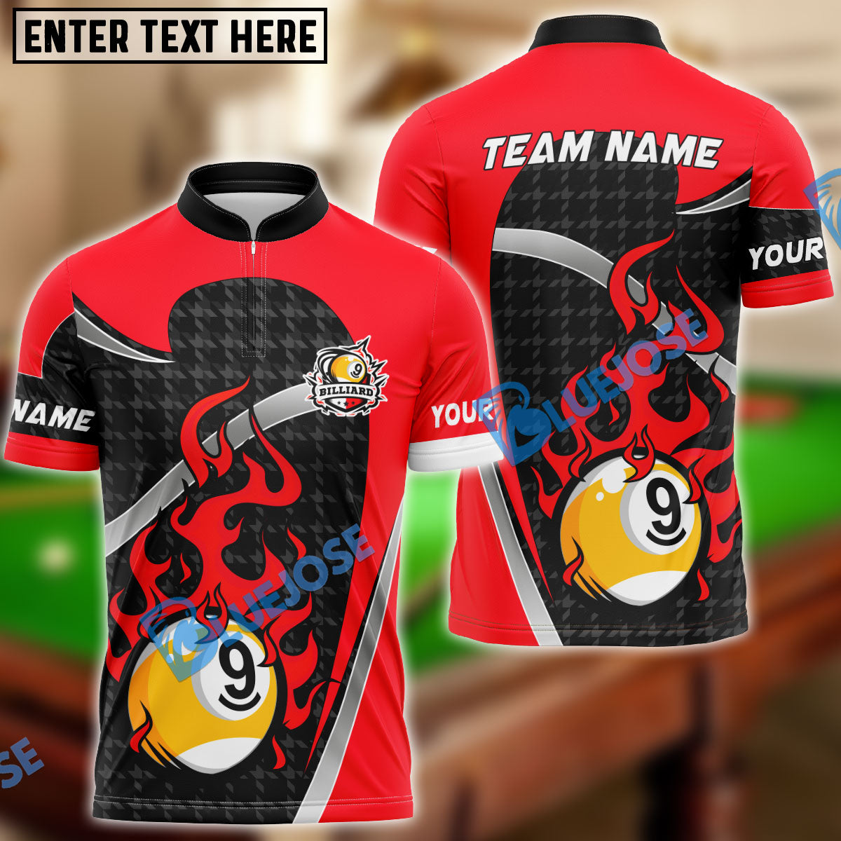 BlueJose Billiards Ball 9 Fire Personalized Name Shirt (4 Colors)