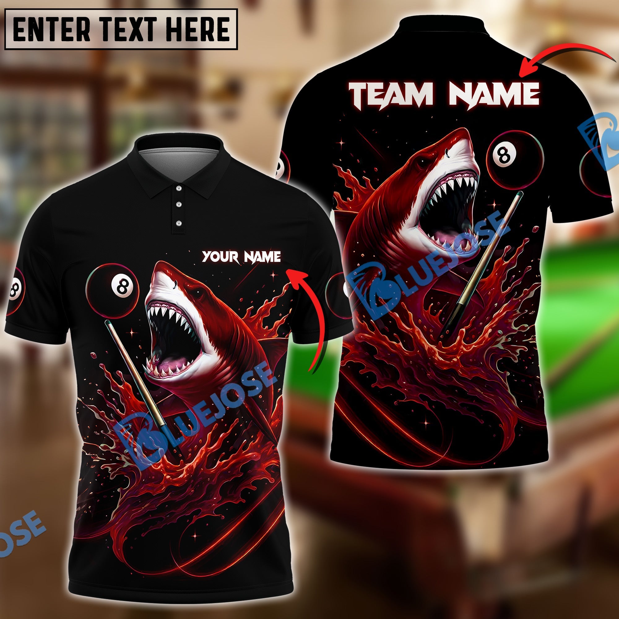 BlueJose Billiards Ball 8 Pool Shark Splash Power Personalized Name & Team Name Shirt (4 Colors)