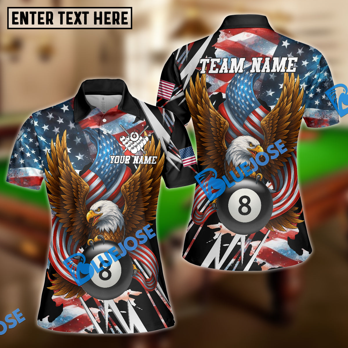 BlueJose Billiards American Eagle 8 Ball Patriotic USA Flag Pool Champion Tournament Design Personalized Shirt