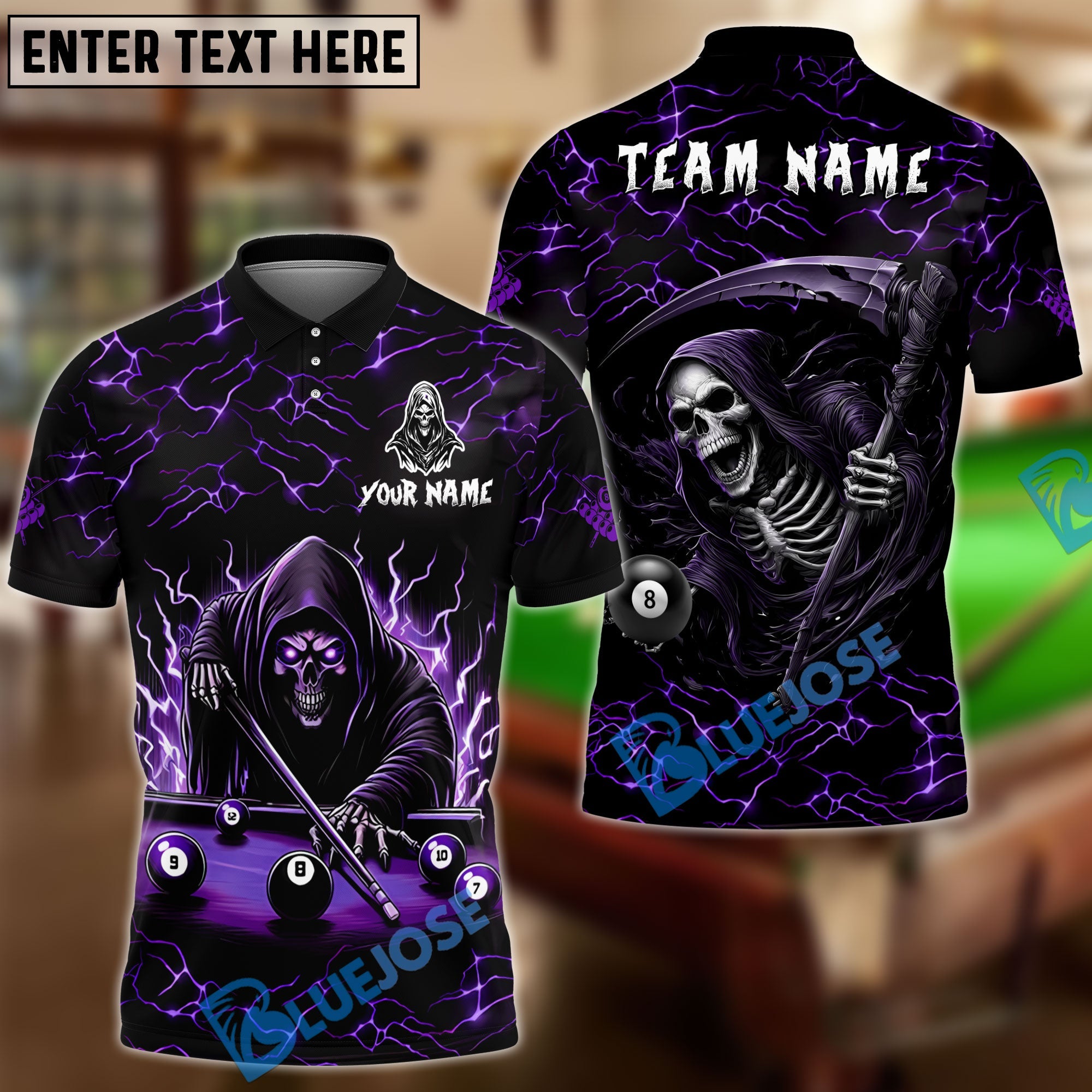 BlueJose Billiards Ball 8 Thunder Reaper Personalized Name Team Name Unisex Shirt (4 Colors)