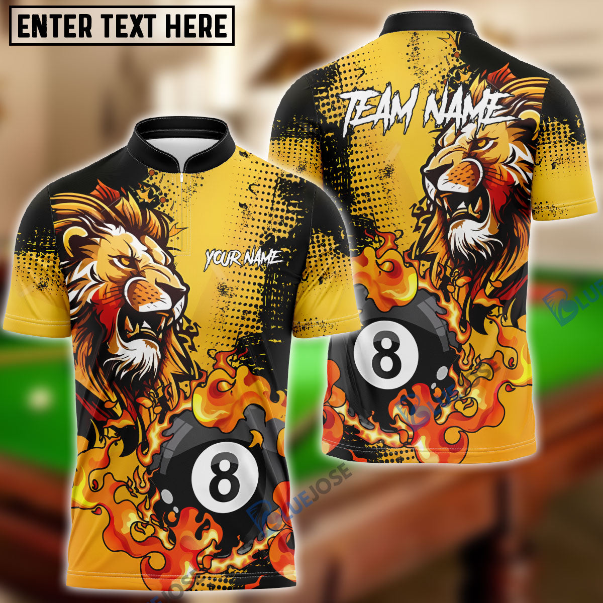 BlueJose Billiards Ball 8 Fire Lion King Personalized Name, Team Name Unisex Shirt (6 Colors)