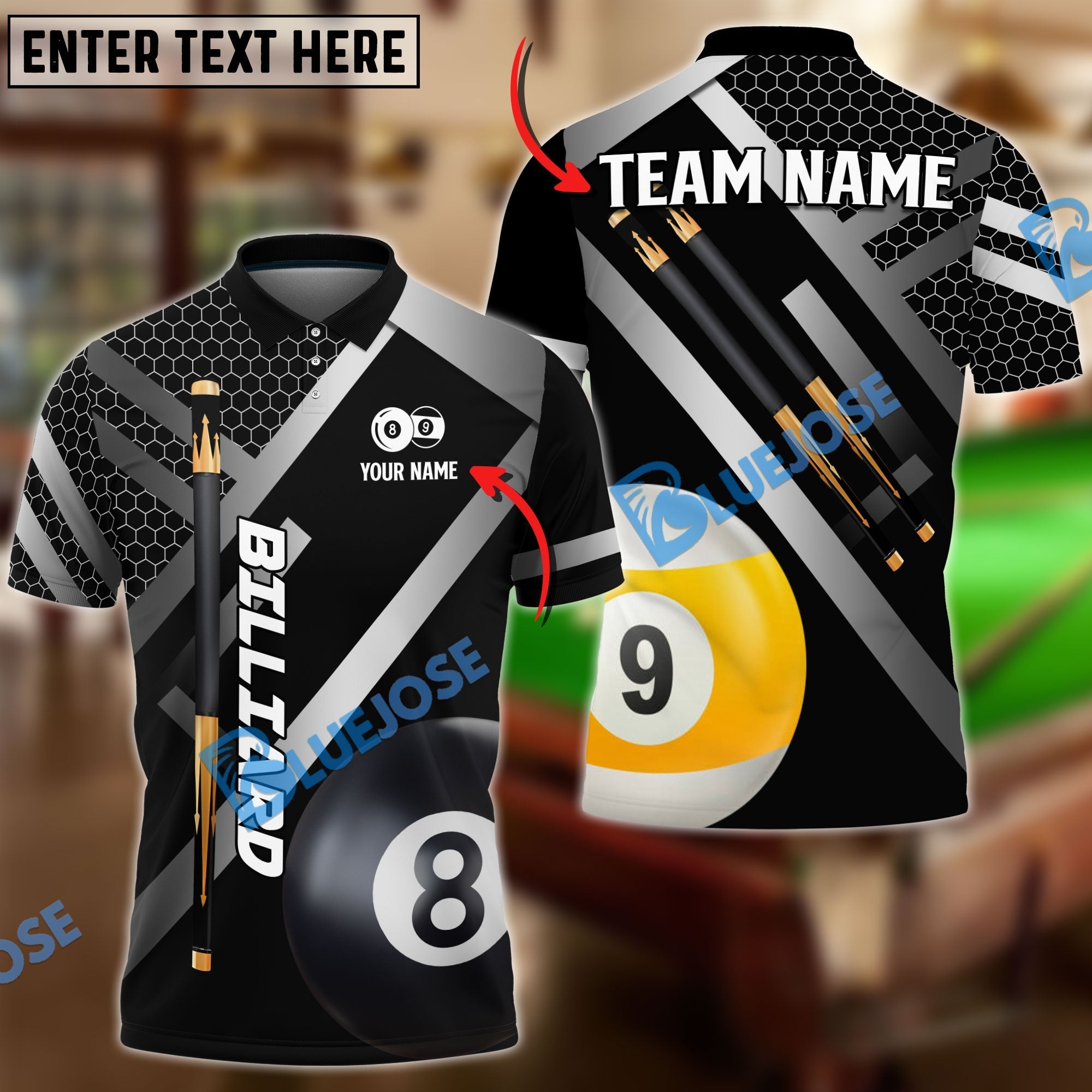 BlueJose Billiards Metalic Style Personalized Name Shirt (4 Colors)