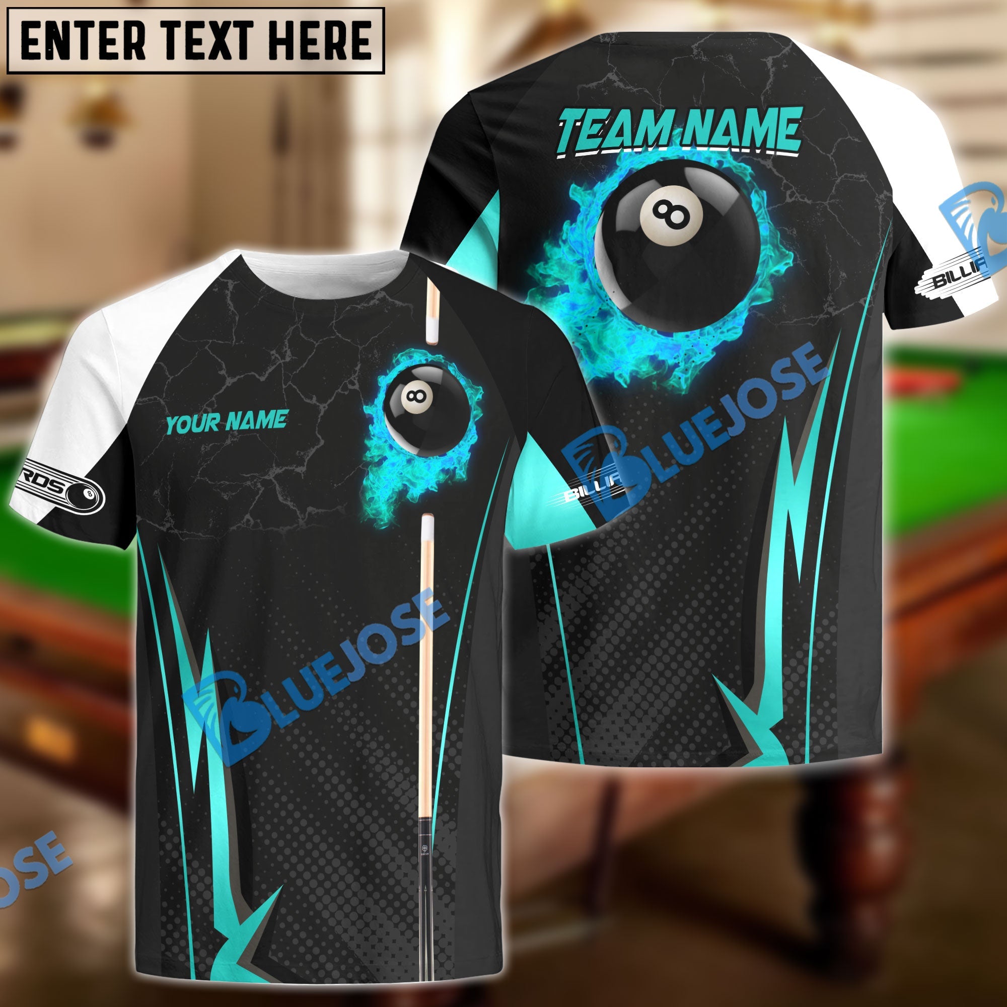 BlueJose Billiards Ball 8 Fire Cue Personalized Name, Team Name Unisex Shirt (4 Colors)