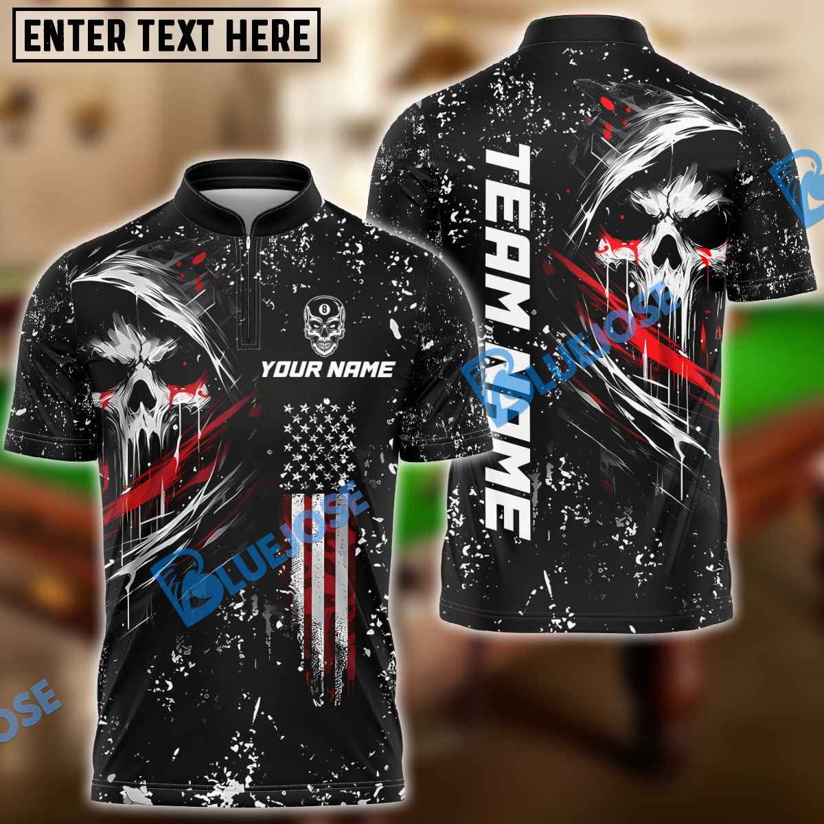 BlueJose Billiards Ball 8 Grim Skull with American Flag Customized Name, Team Name 3D Shirt