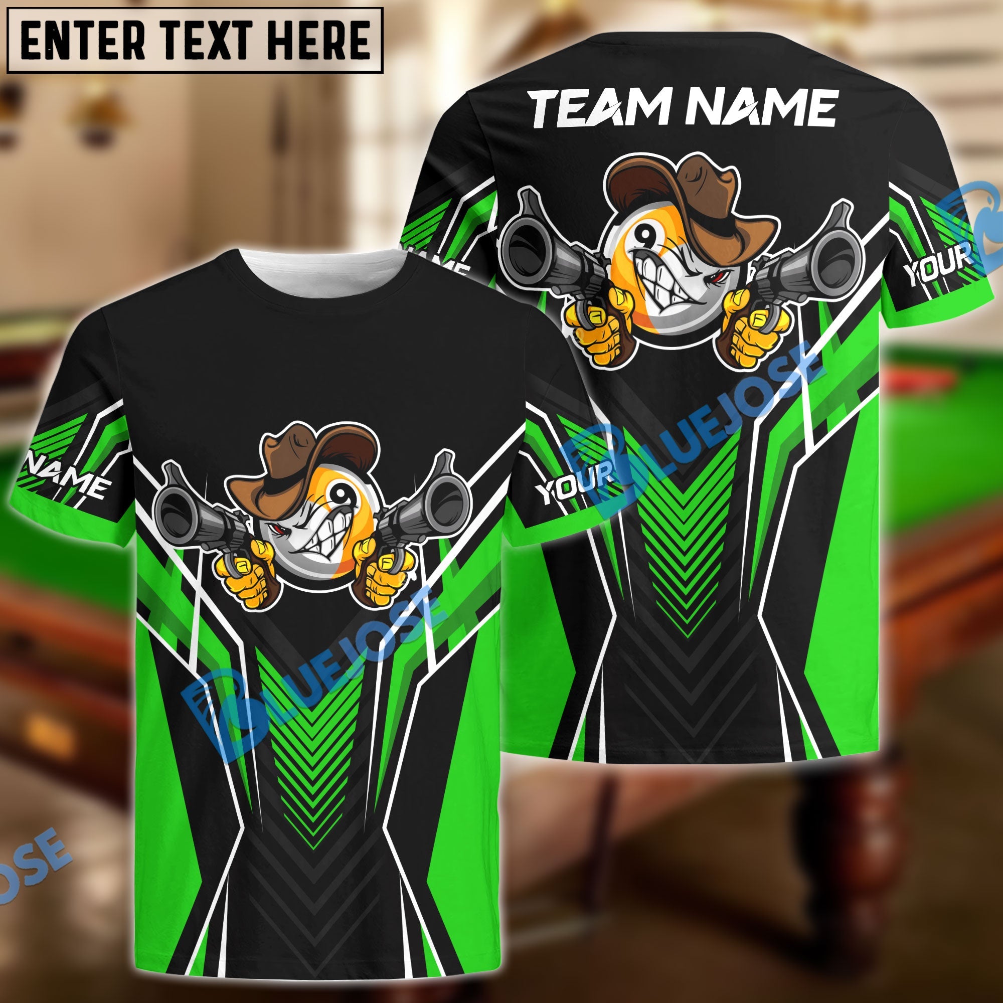 BlueJose Billiards 9 Ball Cowboy Gunny Premium Personalized Name, Team Name Unisex Shirt (4 Colors)