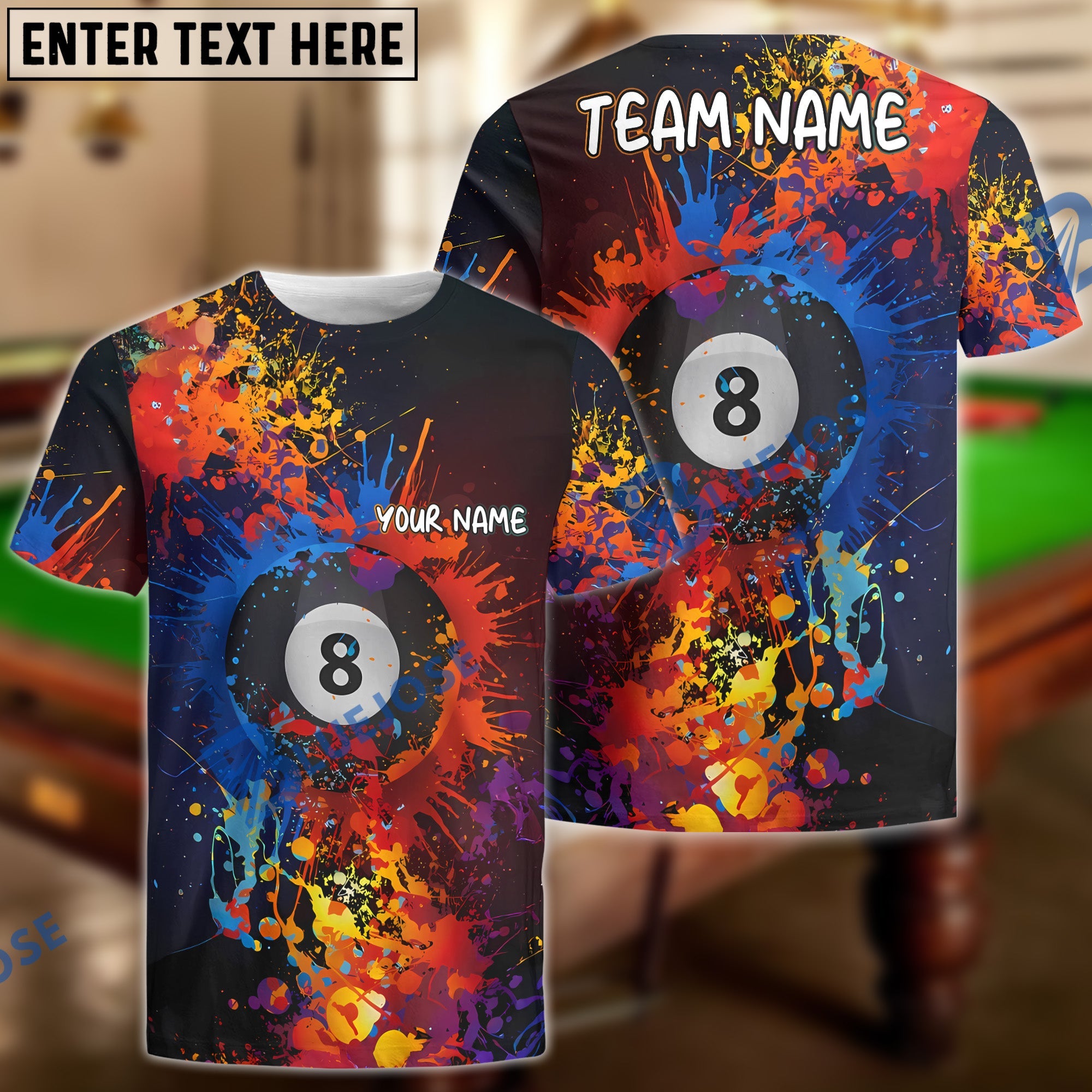 BlueJose Billiards 8-Ball Color Splash Personalized Name, Team Name Unisex Shirt