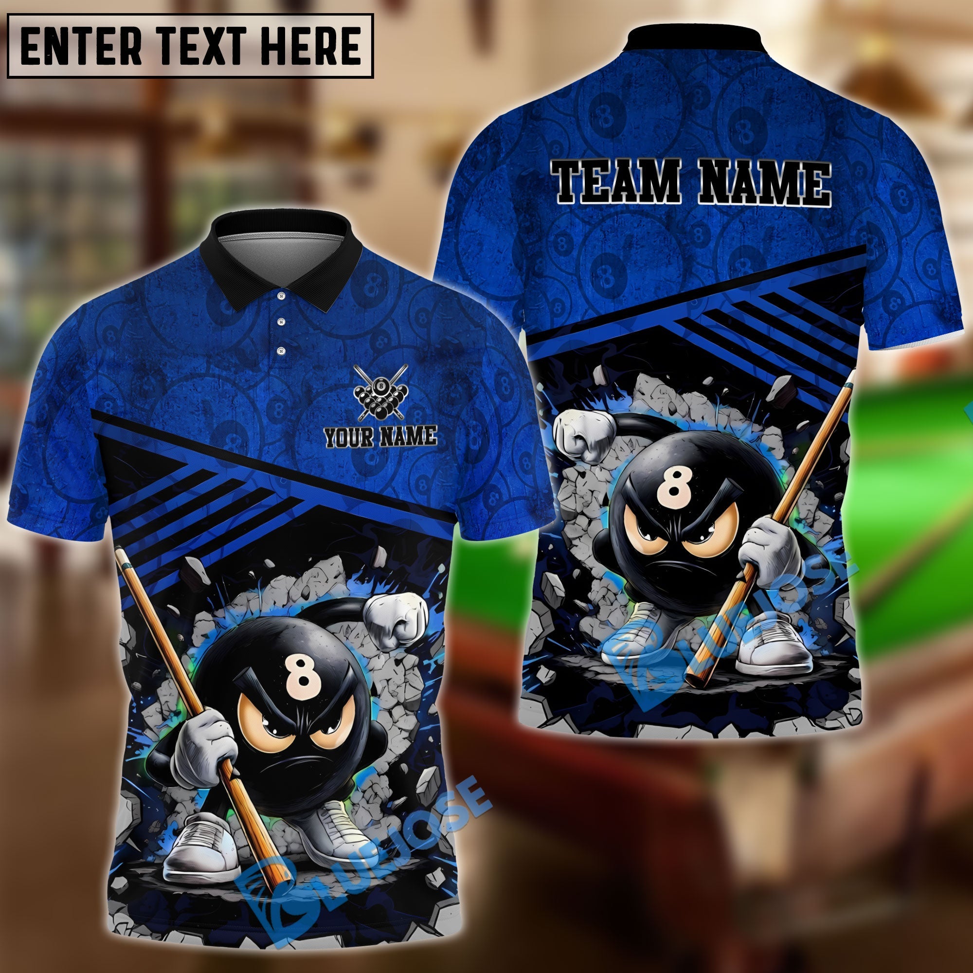 BlueJose Billiards Angry 8 Ball Pool Cartoon Design Customized Name, Team Name 3D Shirt (6 Colors)