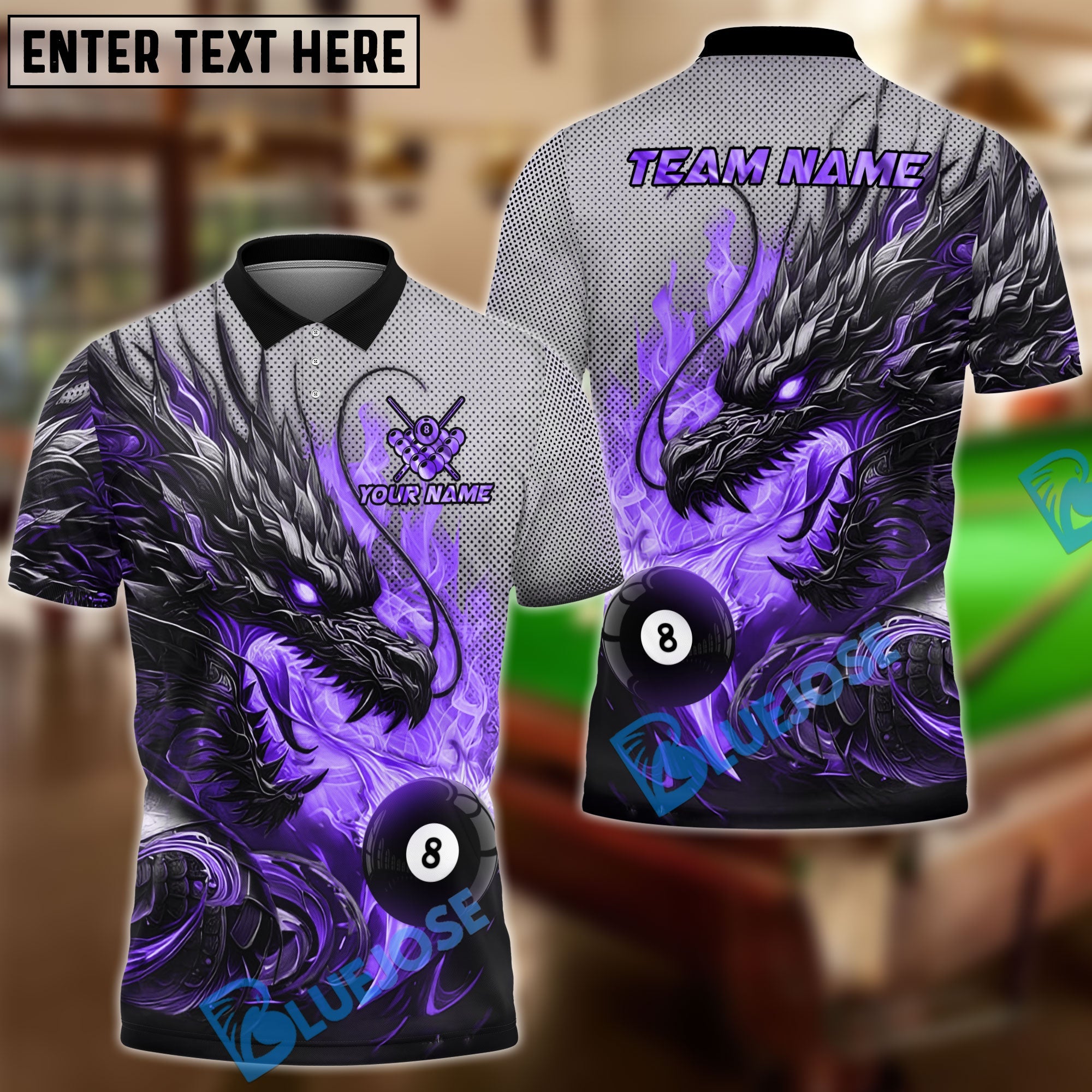 BlueJose Billiards Ball 8 Burning Fire Dragon Personalized Name Team Name Unisex Shirt (4 Colors)