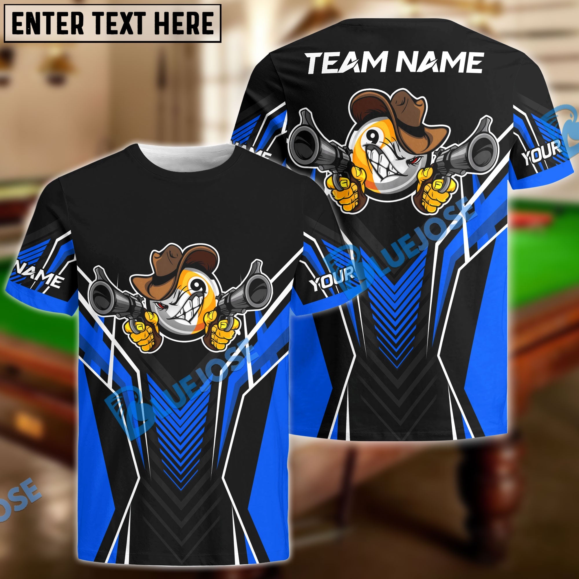 BlueJose Billiards 9 Ball Cowboy Gunny Premium Personalized Name, Team Name Unisex Shirt (4 Colors)