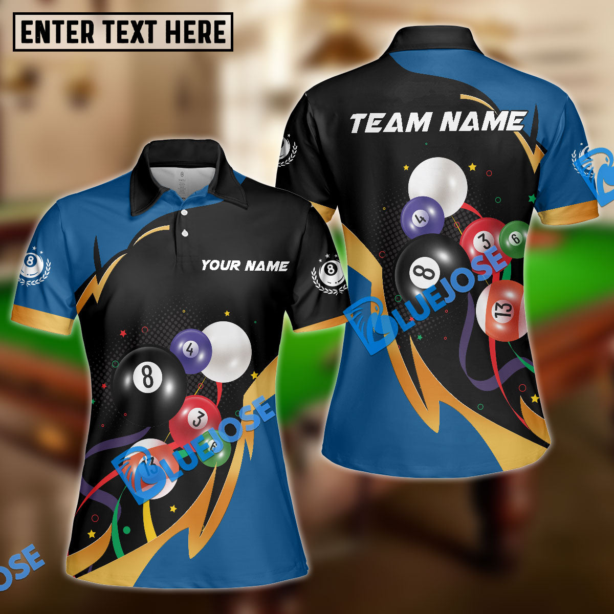 BlueJose Billiards 8-Ball Colorful Pool Balls Motion Graphic Customized Name, Team Name 3D Shirt (4 Colors)