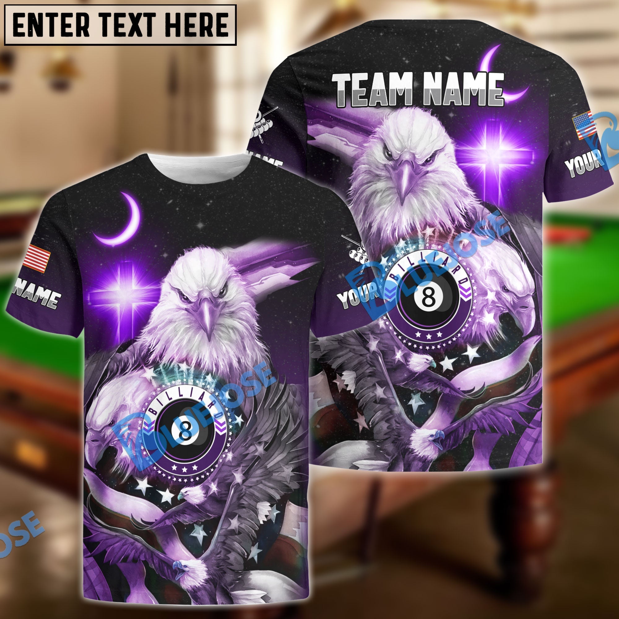 BlueJose Billiards Ball 8 Cross Eagle American Flag Personalized Name & Team Name Shirt (4 Colors)