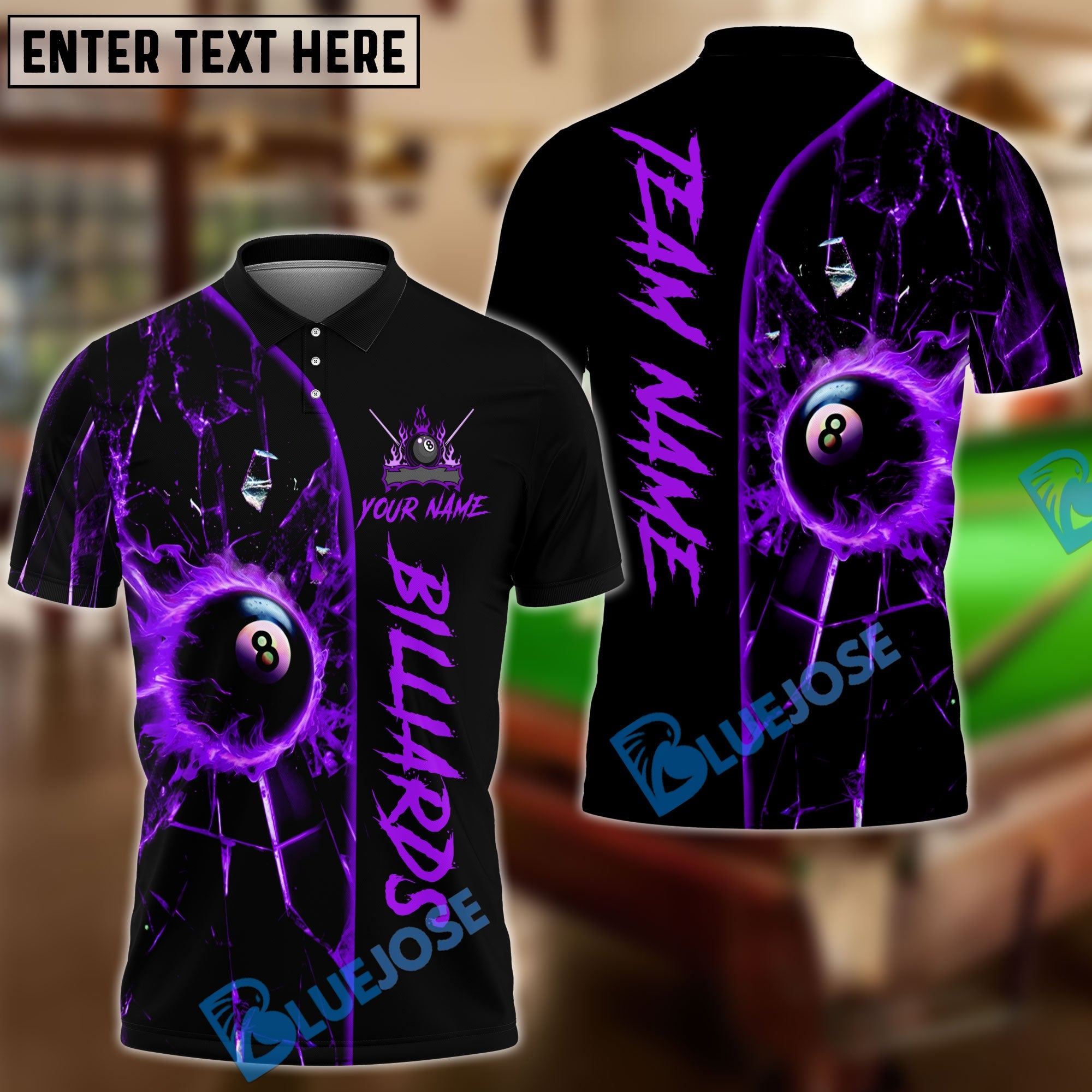 BlueJose Billiards Ball 8 Fire Break Glass Personalized Name Shirt (4 Colors)