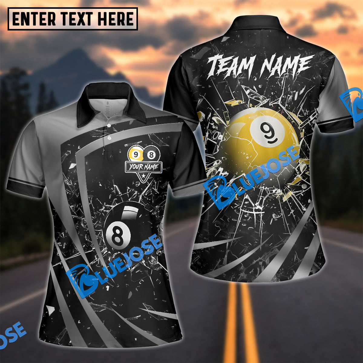 BlueJose Billiards 8 Ball & 9 Ball Metallic Break Glass Customized Name, Team Name 3D Shirt (6 Colors)