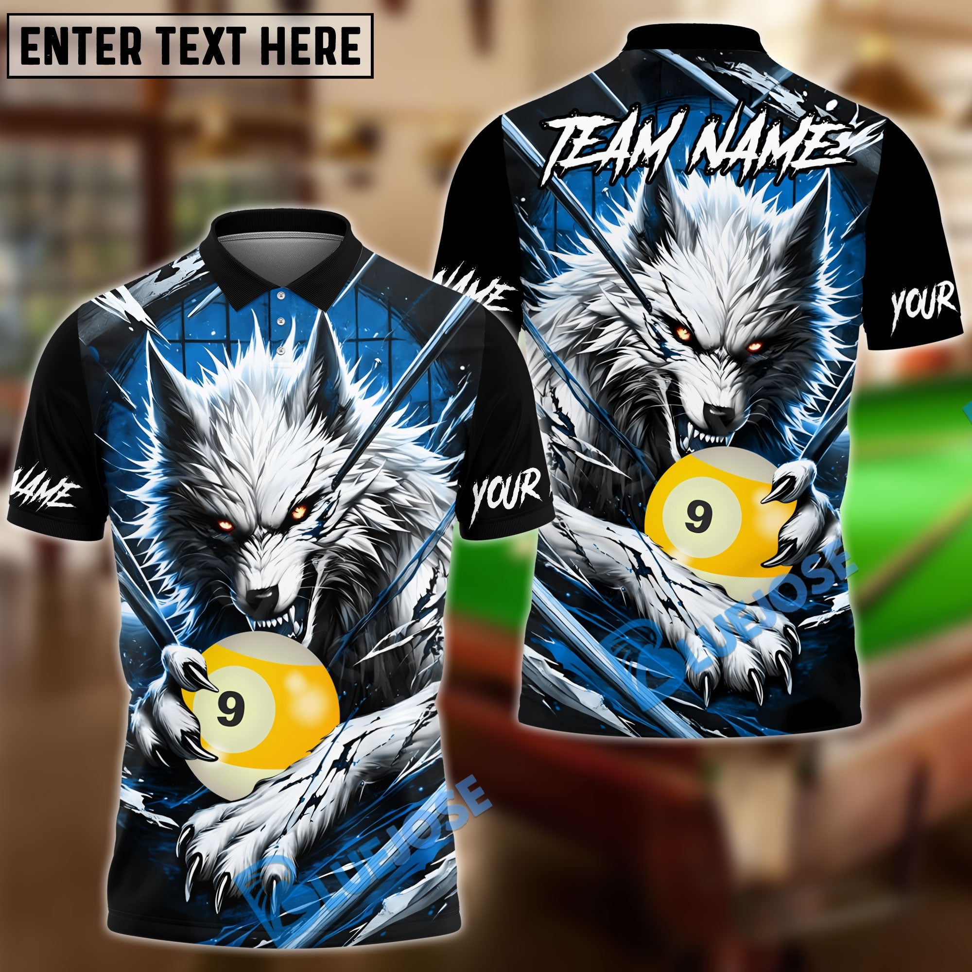 BlueJose Billiards 9 Ball Bloody Wolf Personalized Name, Team Name Unisex Shirt ( 4 Colors )
