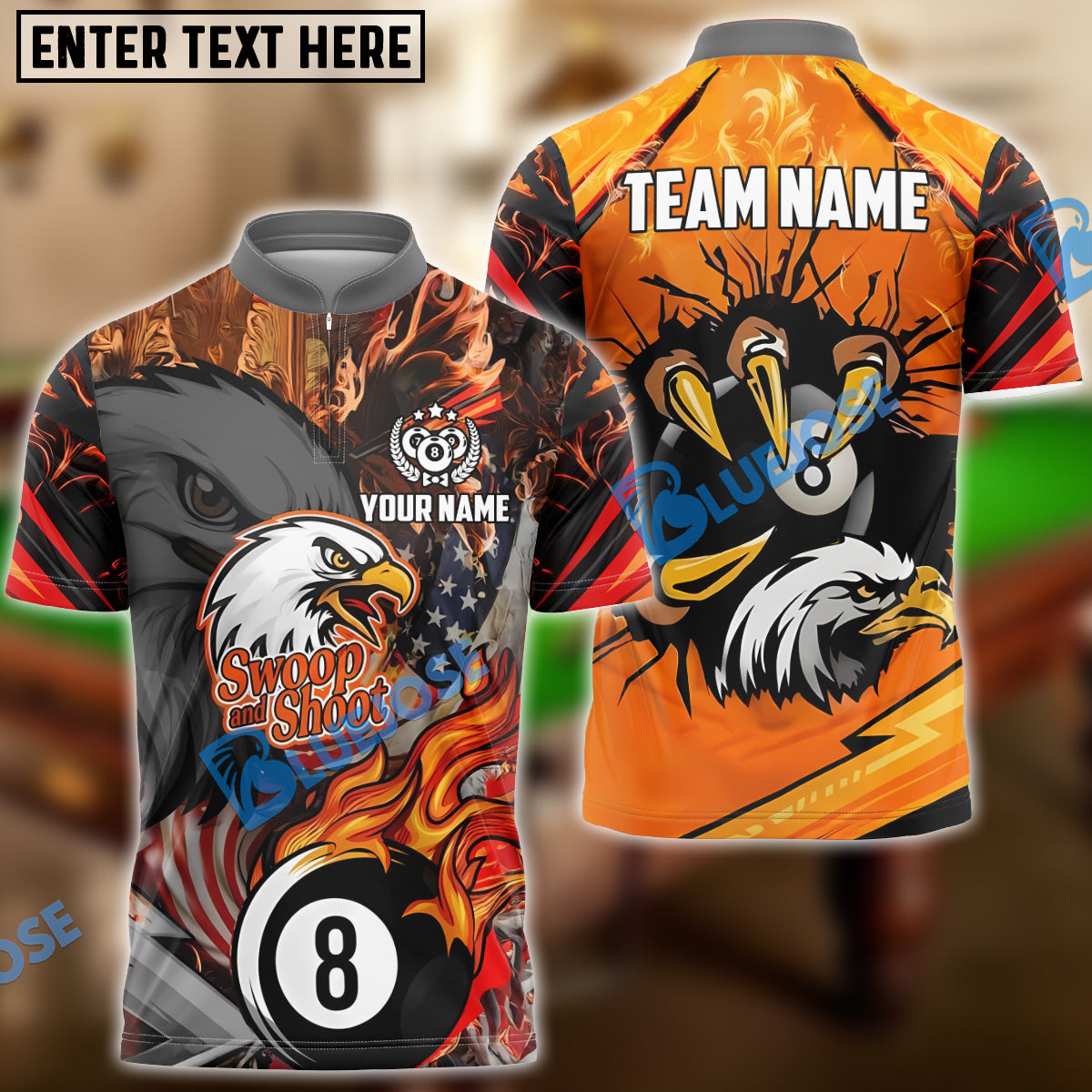 BlueJose Billiards Ball 8 Eagle Claw Firestorm American Flag  Personalized Name Shirt (4 Colors)