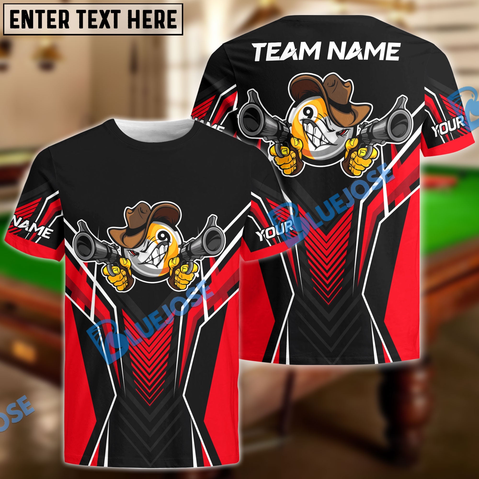 BlueJose Billiards 9 Ball Cowboy Gunny Premium Personalized Name, Team Name Unisex Shirt (4 Colors)