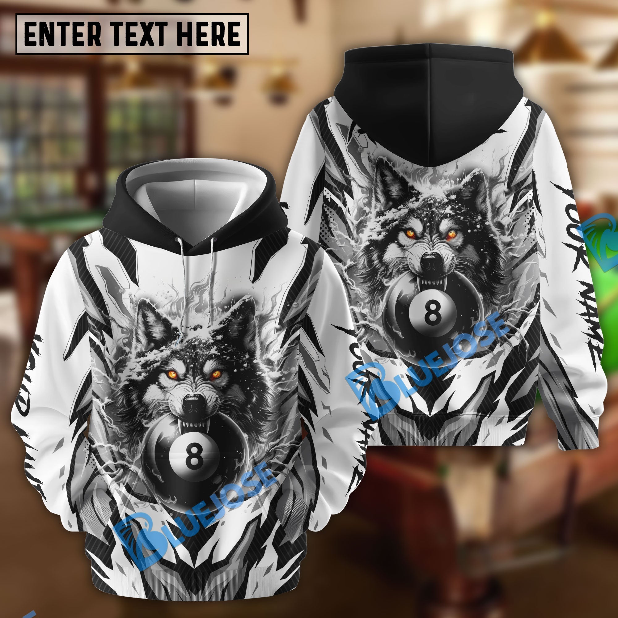 BlueJose Billiards Ball 8 Flame Wolf White Personalized Name, Team Name Unisex Shirt