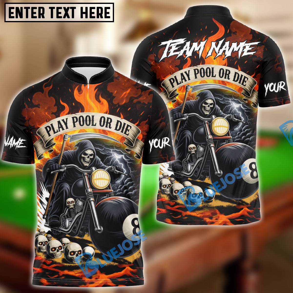 BlueJose Billiards 8 Ball Play Pool or Die Personalized Name, Team Name Unisex Shirt (4 Colors)