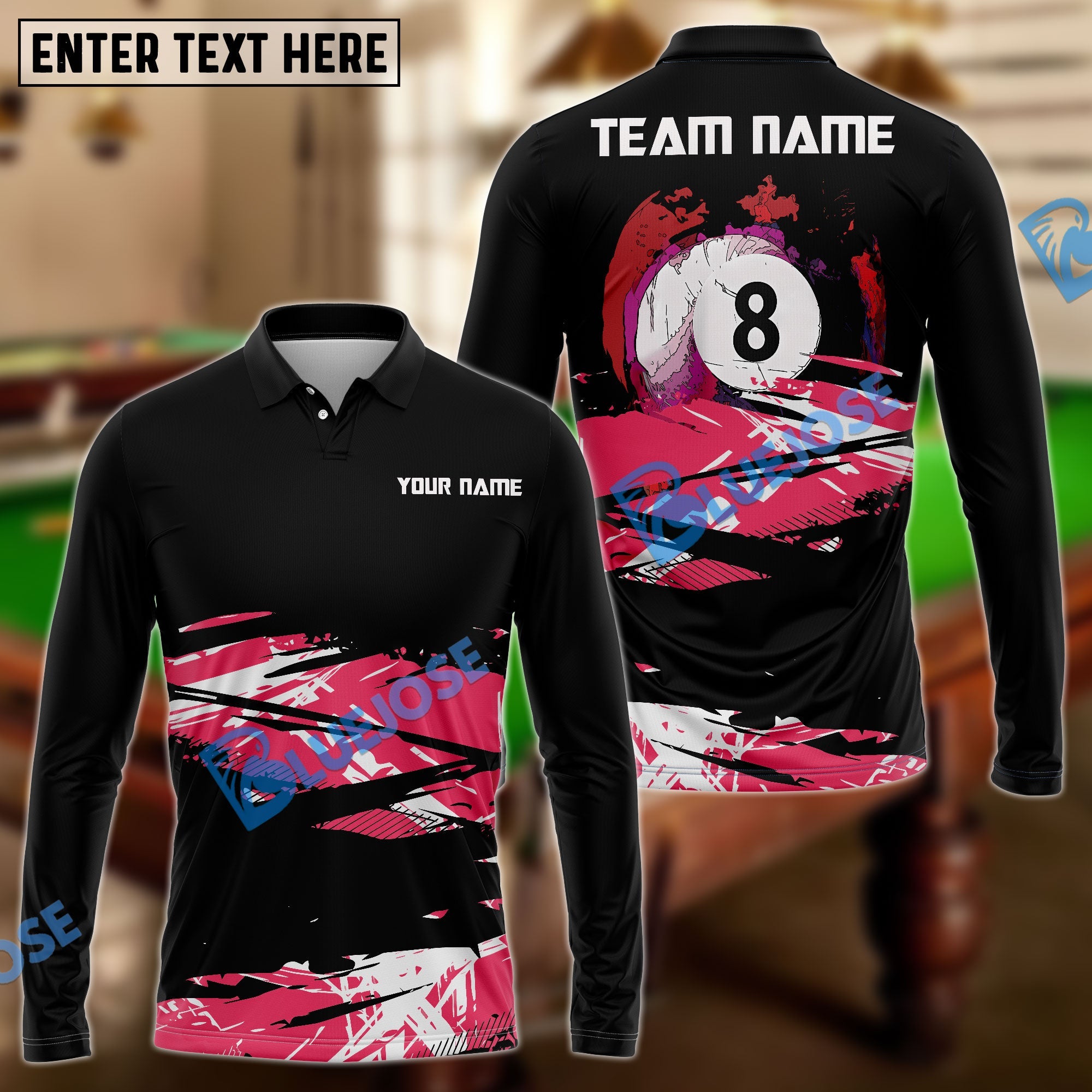 BlueJose Billiards 8 Ball Black and Pink Customized Name, Team Name Unisex Shirt