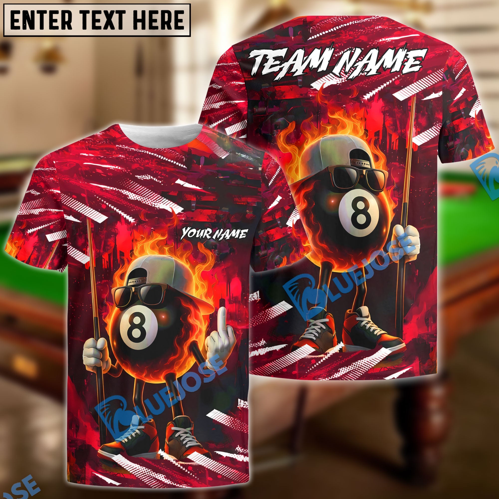 BlueJose Billiards 8 Ball Street Style Flaming Personalized Name, Team Name Unisex Shirt (4 Colors)
