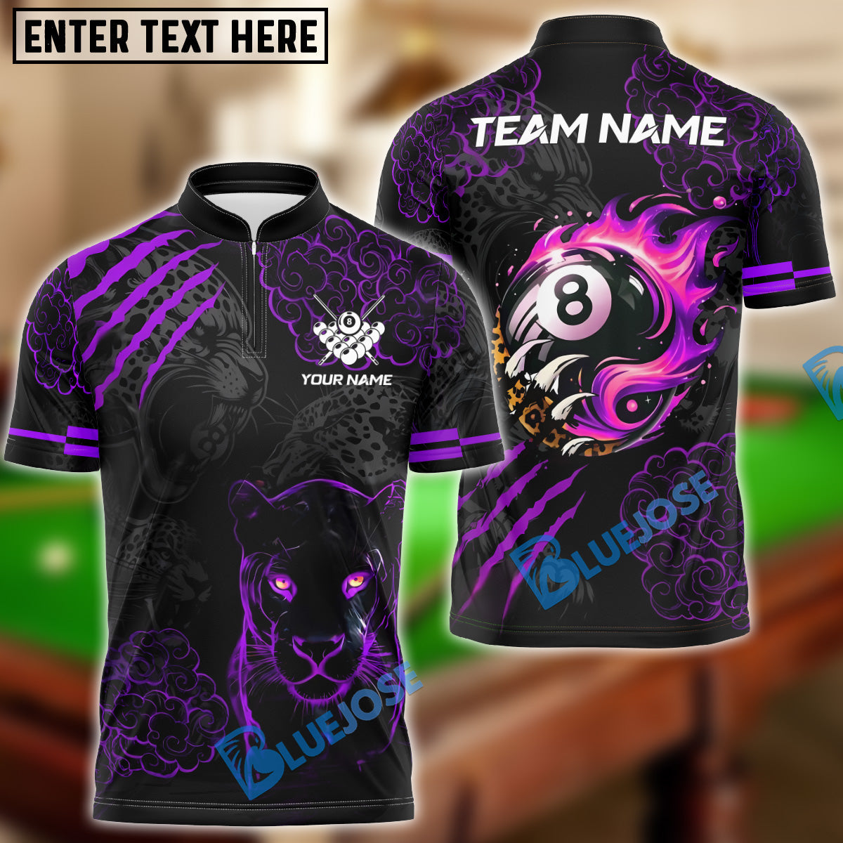 BlueJose Billiards Ball 8 Pool Flaming Panther Personalized Name Shirt (4 Colors)