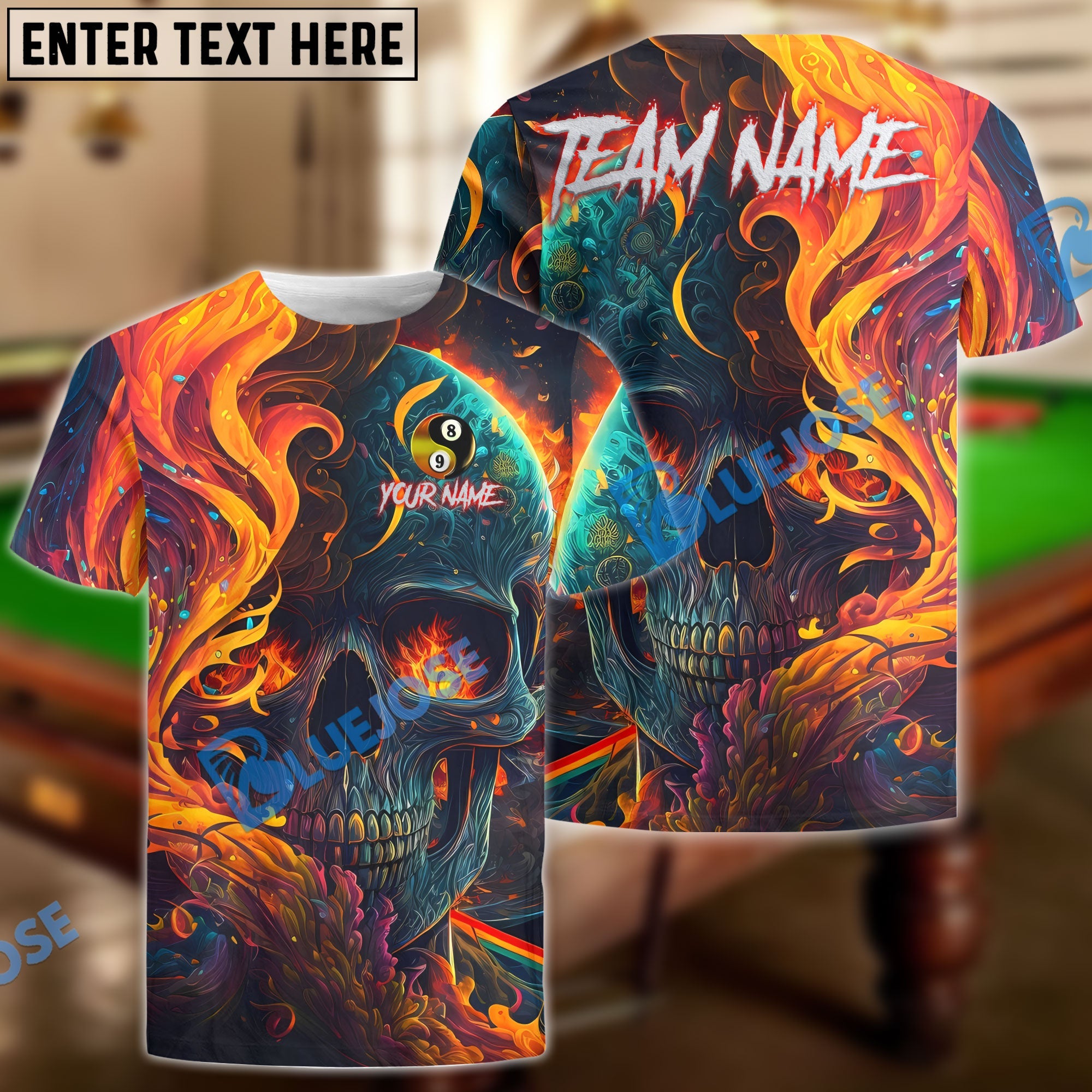 BlueJose Billiards Yin And Yang Ball 8&9 Flaming Skull Abstract Personalized Name, Team Name Unisex Shirt