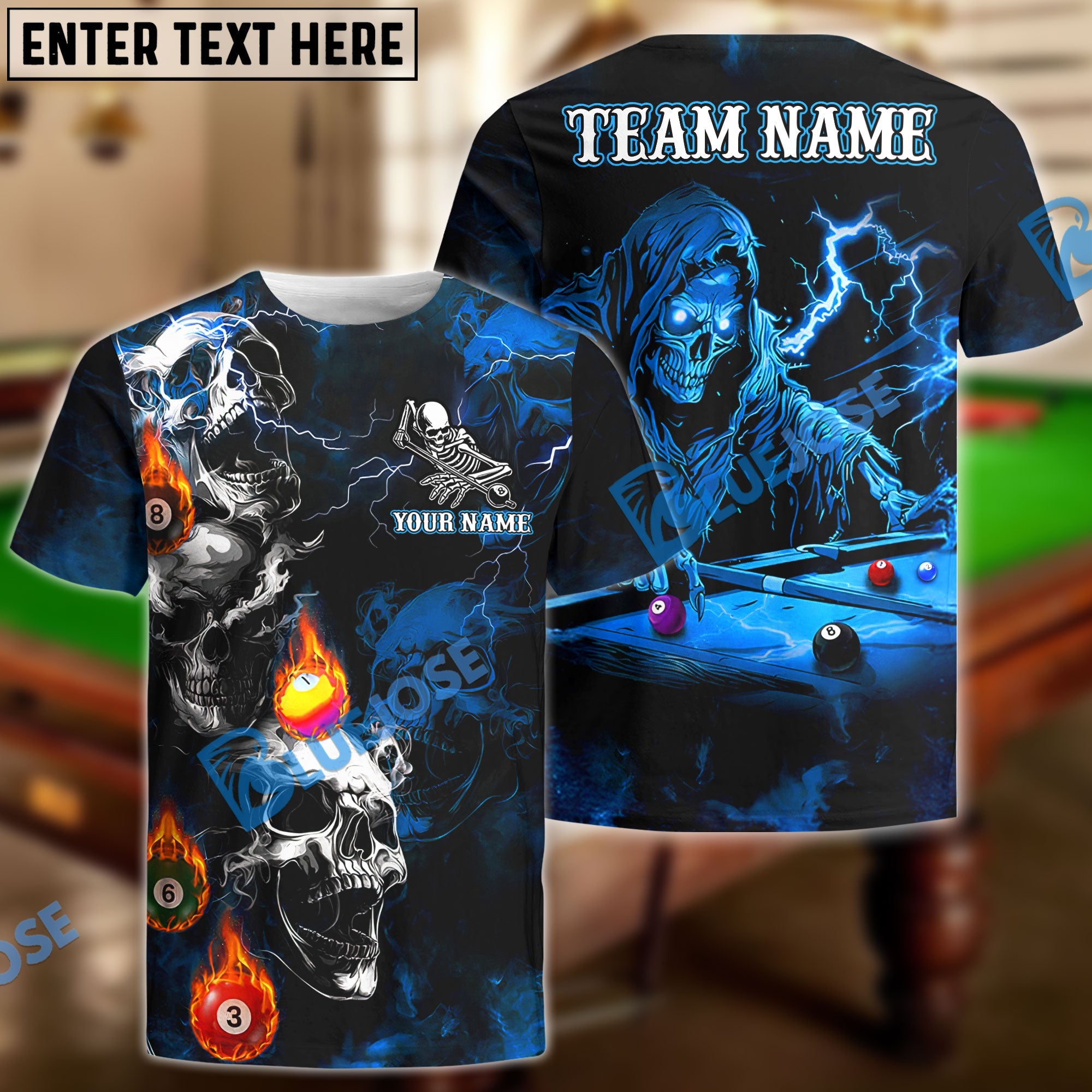 BlueJose Billiards Grim Reaper Skull Storm Personalized Name Shirt (4 Colors)