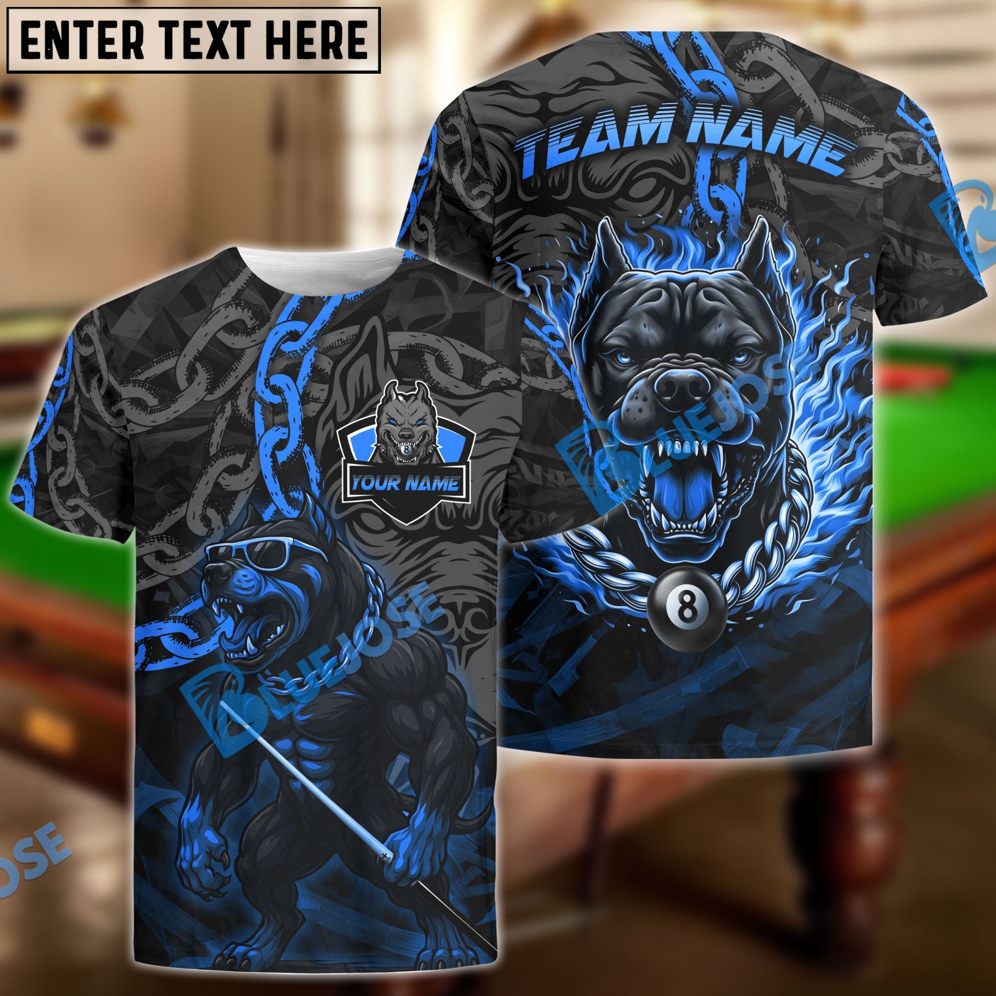 BlueJose Billiards 8-Ball Pitbull Flame Chain Personalized Name Shirt (4 Colors)