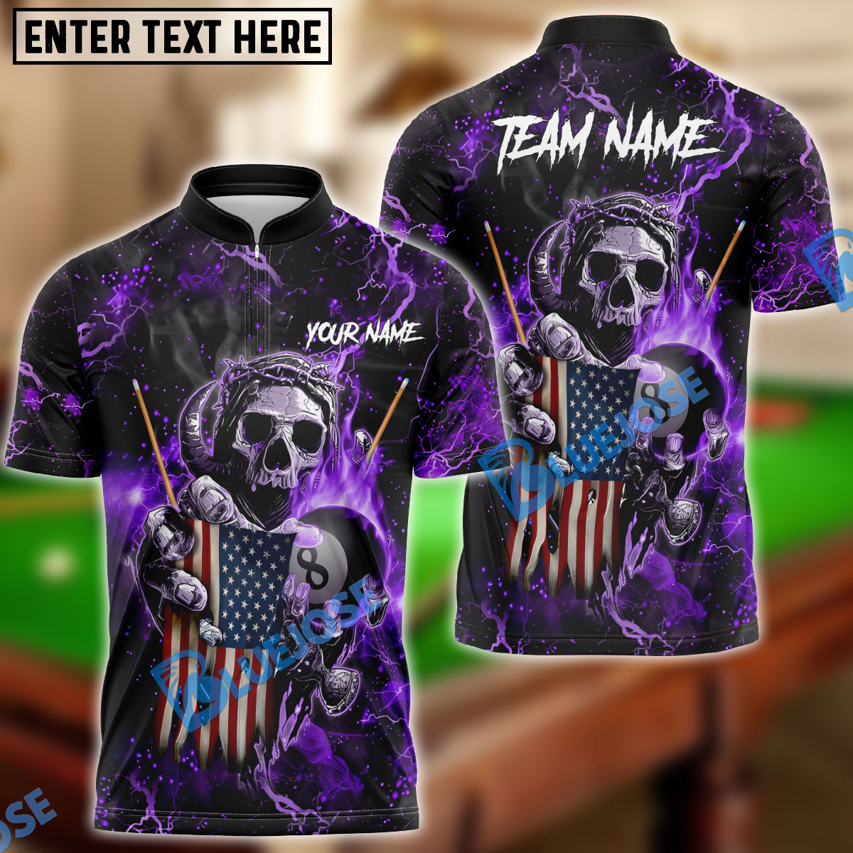 BlueJose Billiards Ball 8 Fire Skull US Flag Personalized Name, Team Name Shirt (6 Colors)