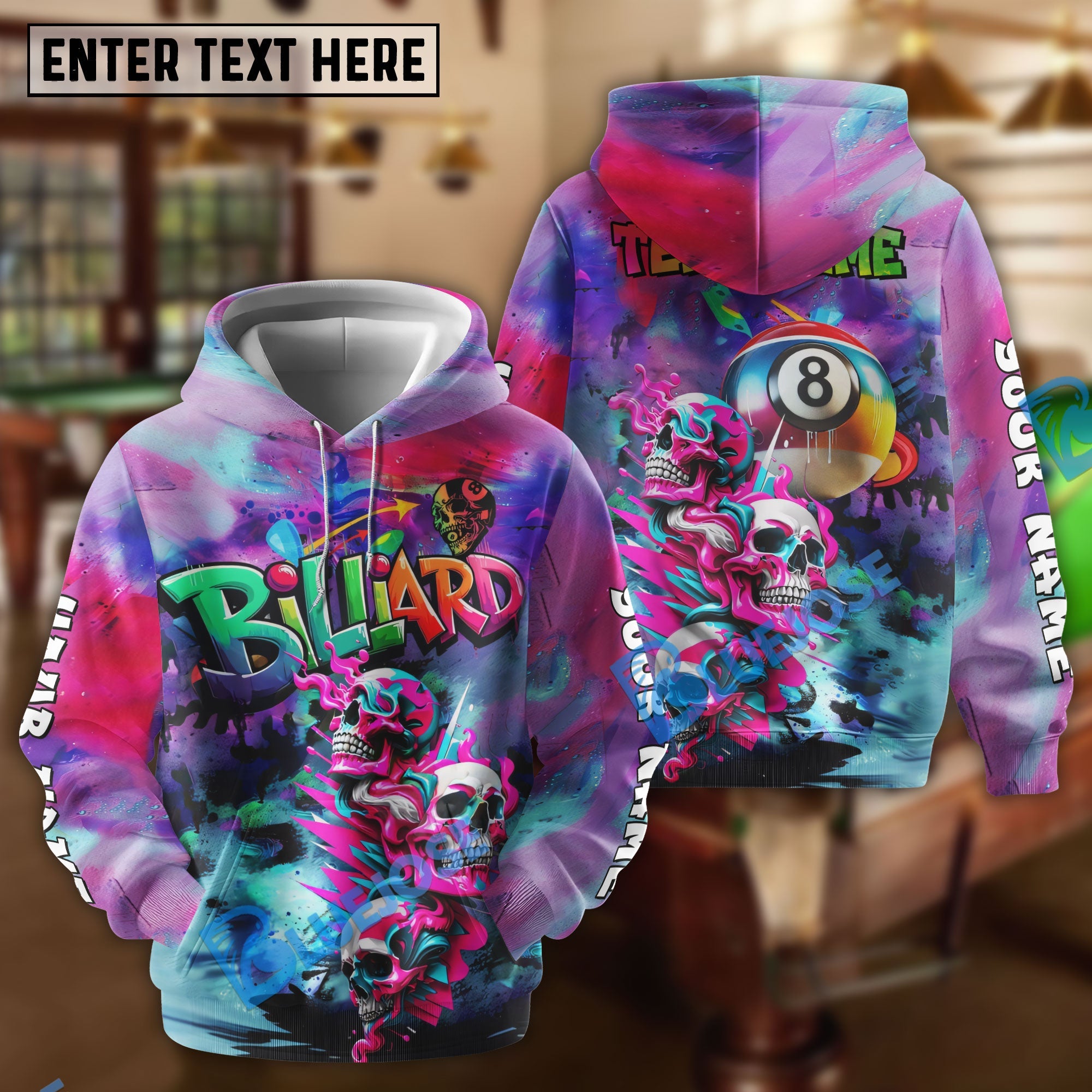 BlueJoses Billiards Ball 8 Skull Neon Graffiti Customized Name, Team Name 3D Shirt