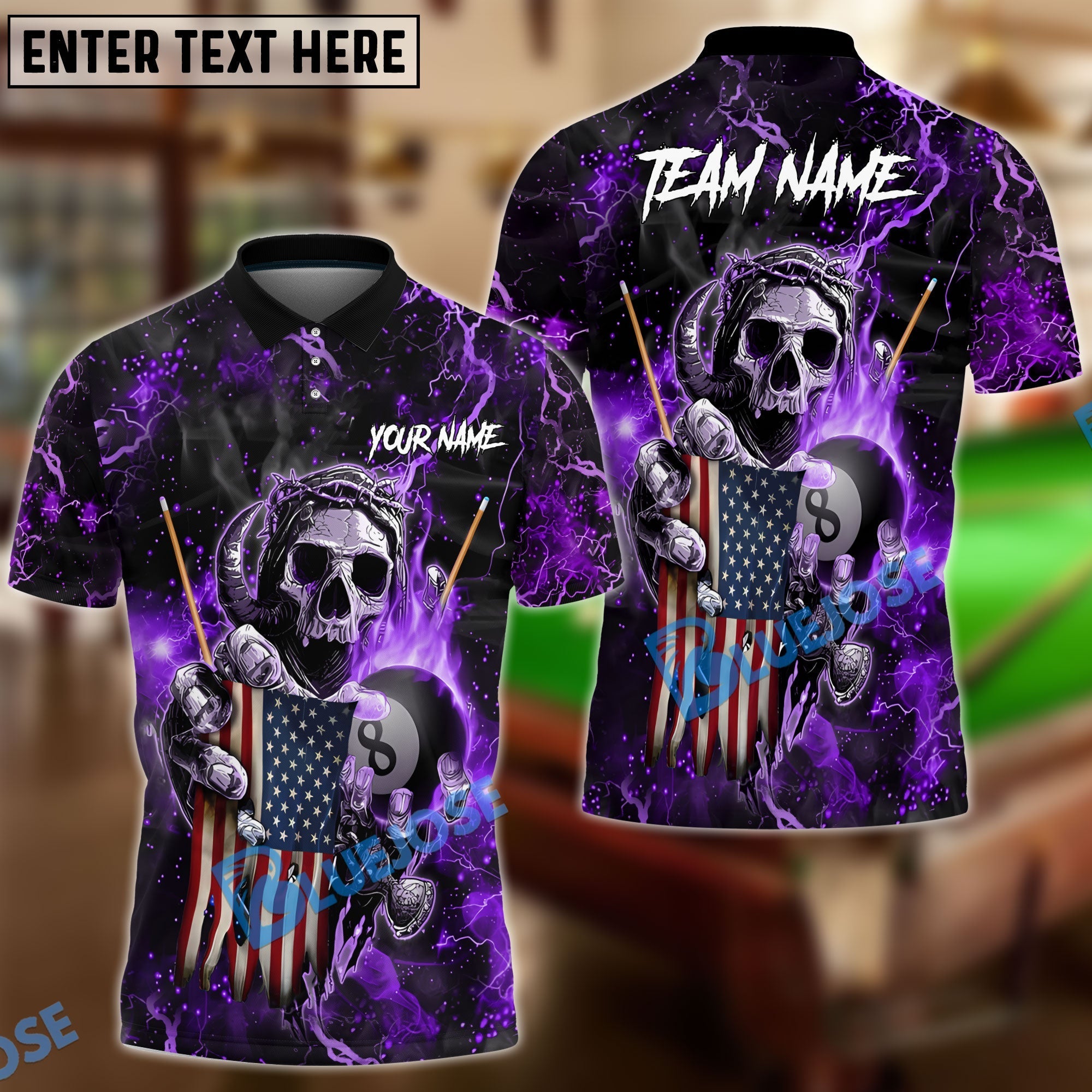 BlueJose Billiards Ball 8 Fire Skull US Flag Personalized Name, Team Name Shirt (6 Colors)