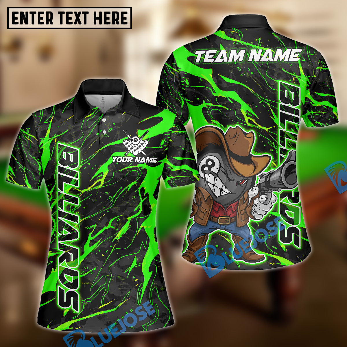 BlueJose Billiards Cowboy 8 Ball Lightning Splash Street Art Customized Name, Team Name 3D Shirt (6 Colors)