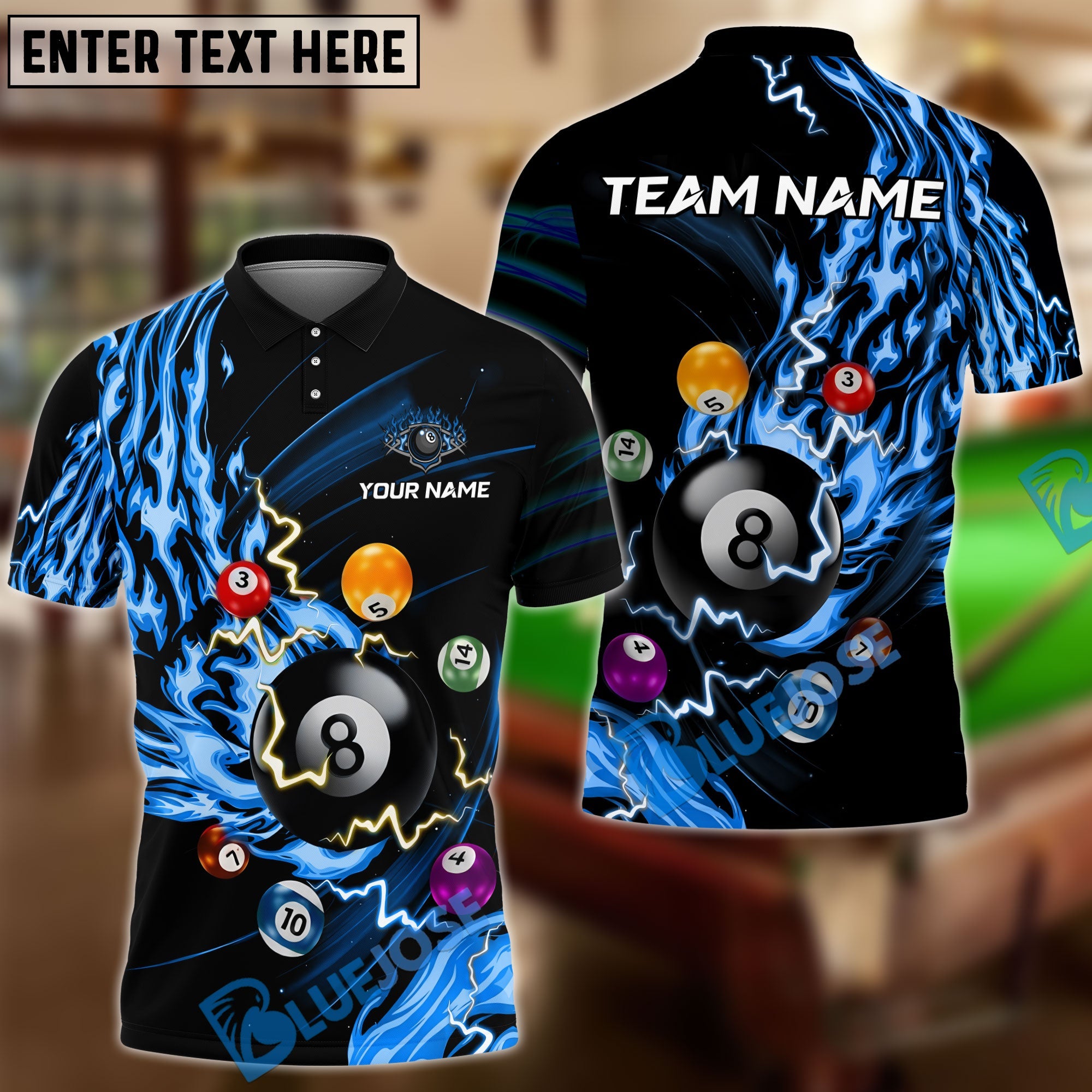 BlueJose Billiards Fire Flame Lightning 8 Ball Pool Customized Name, Team Name 3D Shirt (4 Colors)