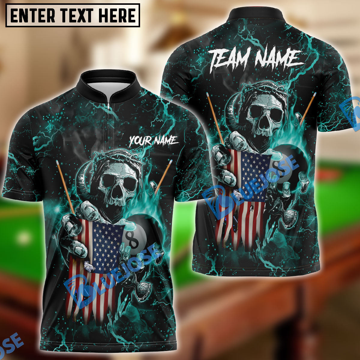 BlueJose Billiards Ball 8 Fire Skull US Flag Personalized Name, Team Name Shirt (6 Colors)