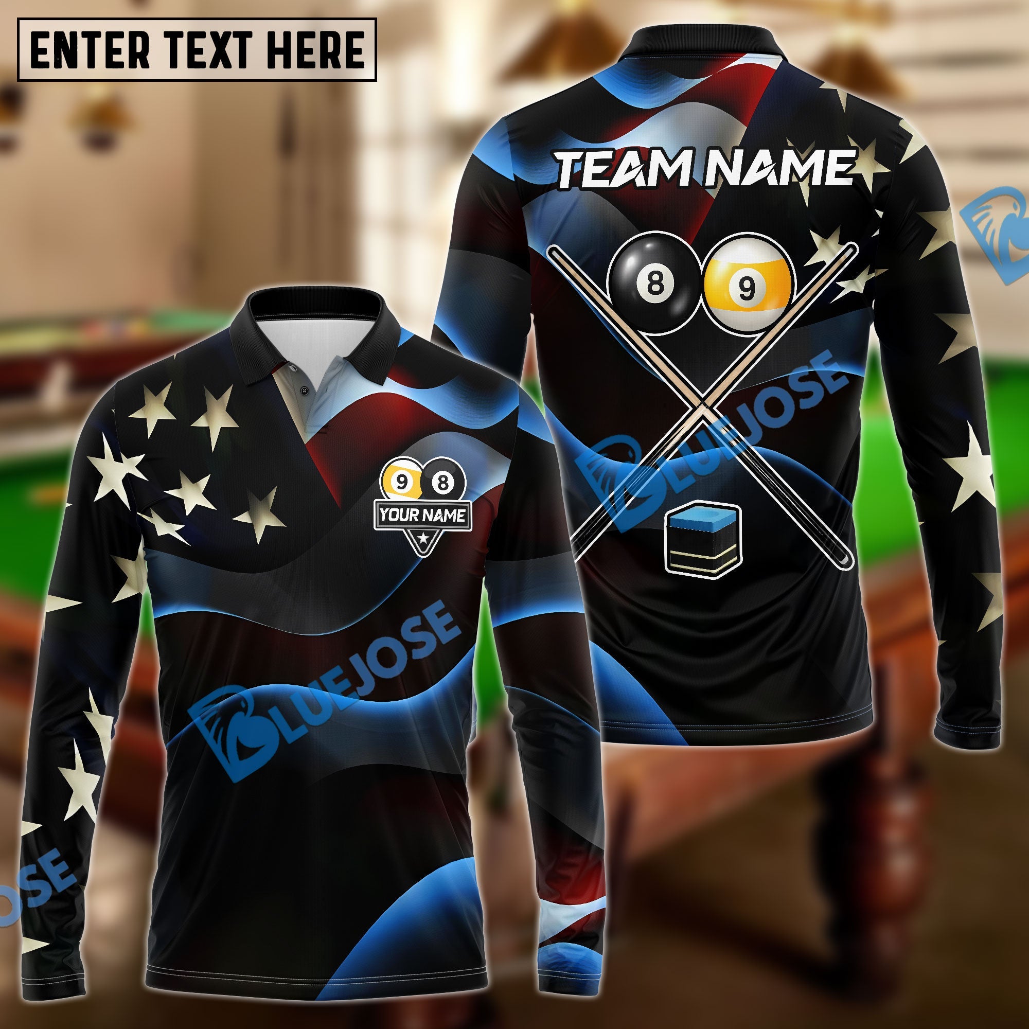 BlueJoses Billiards Ball 8 & 9 American Flag Cross Cue Customized Name, Team Name 3D Shirt